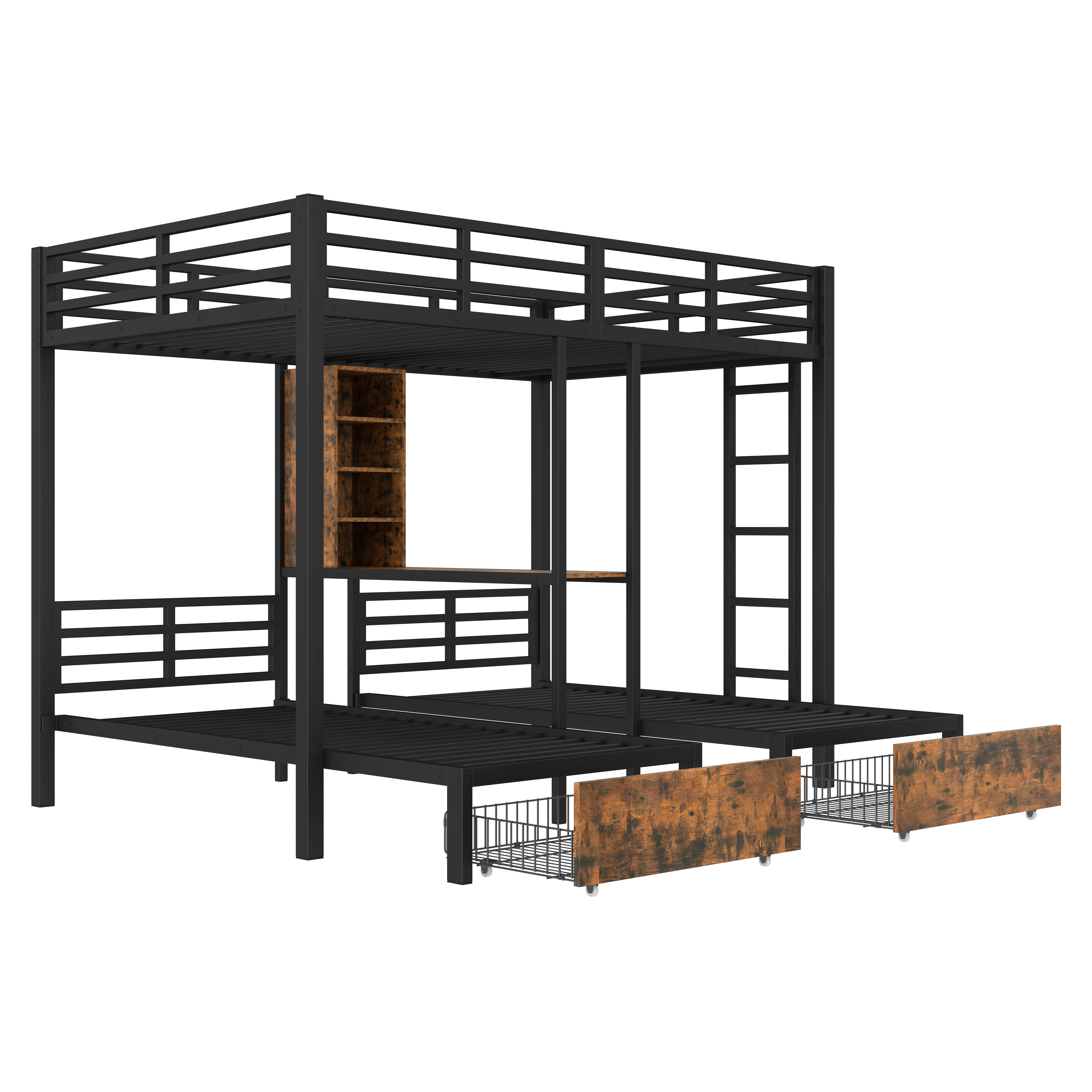 Bunk Bed Triple Sleeper 140x200/90x200cm with Storage Drawers and Shelves Black - Image 10