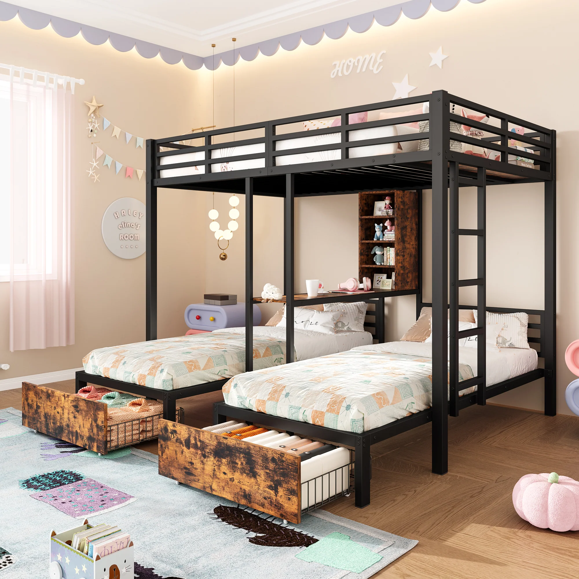 Bunk Bed Triple Sleeper 140x200/90x200cm with Storage Drawers and Shelves Black - Image 3
