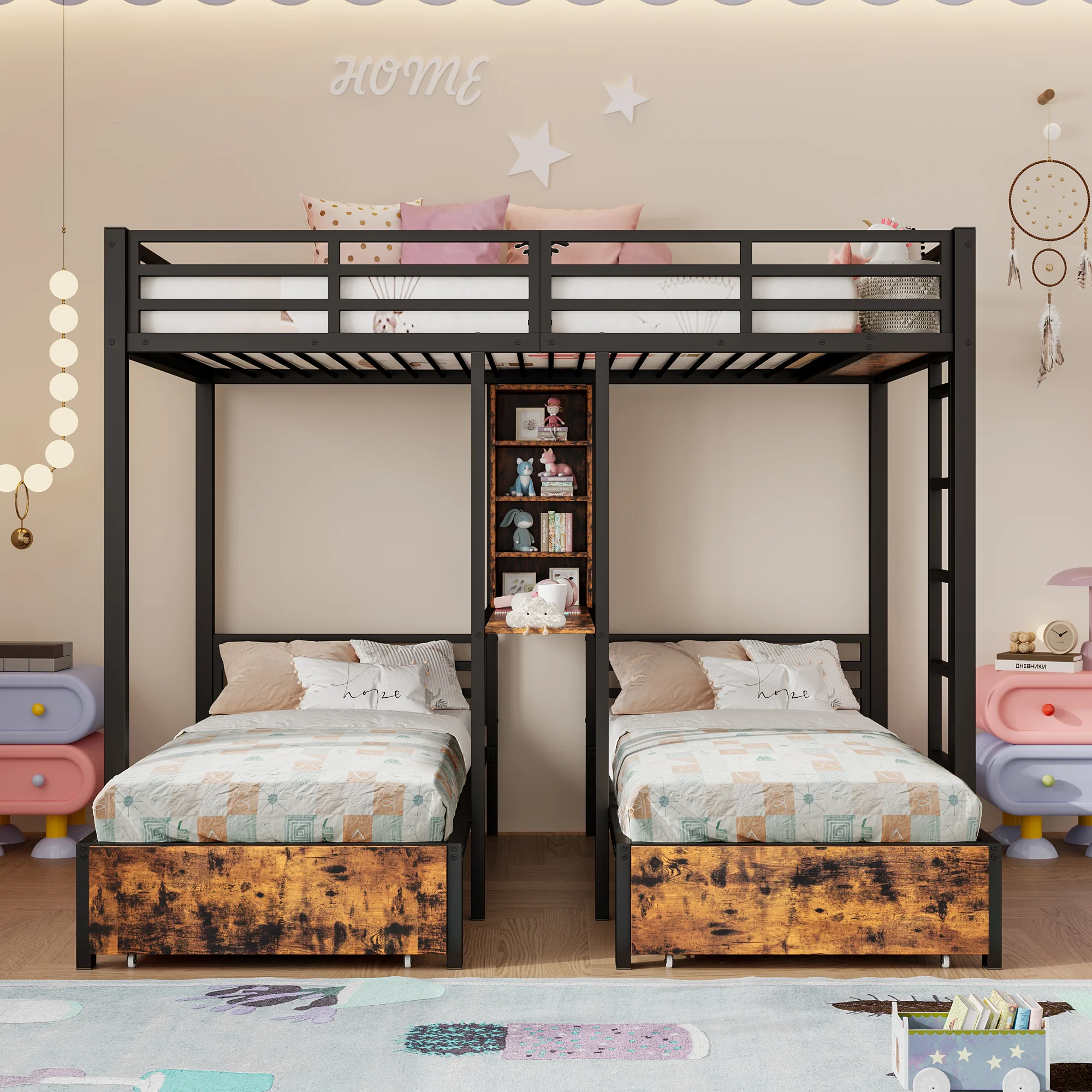 Bunk Bed Triple Sleeper 140x200/90x200cm with Storage Drawers and Shelves Black - Image 4