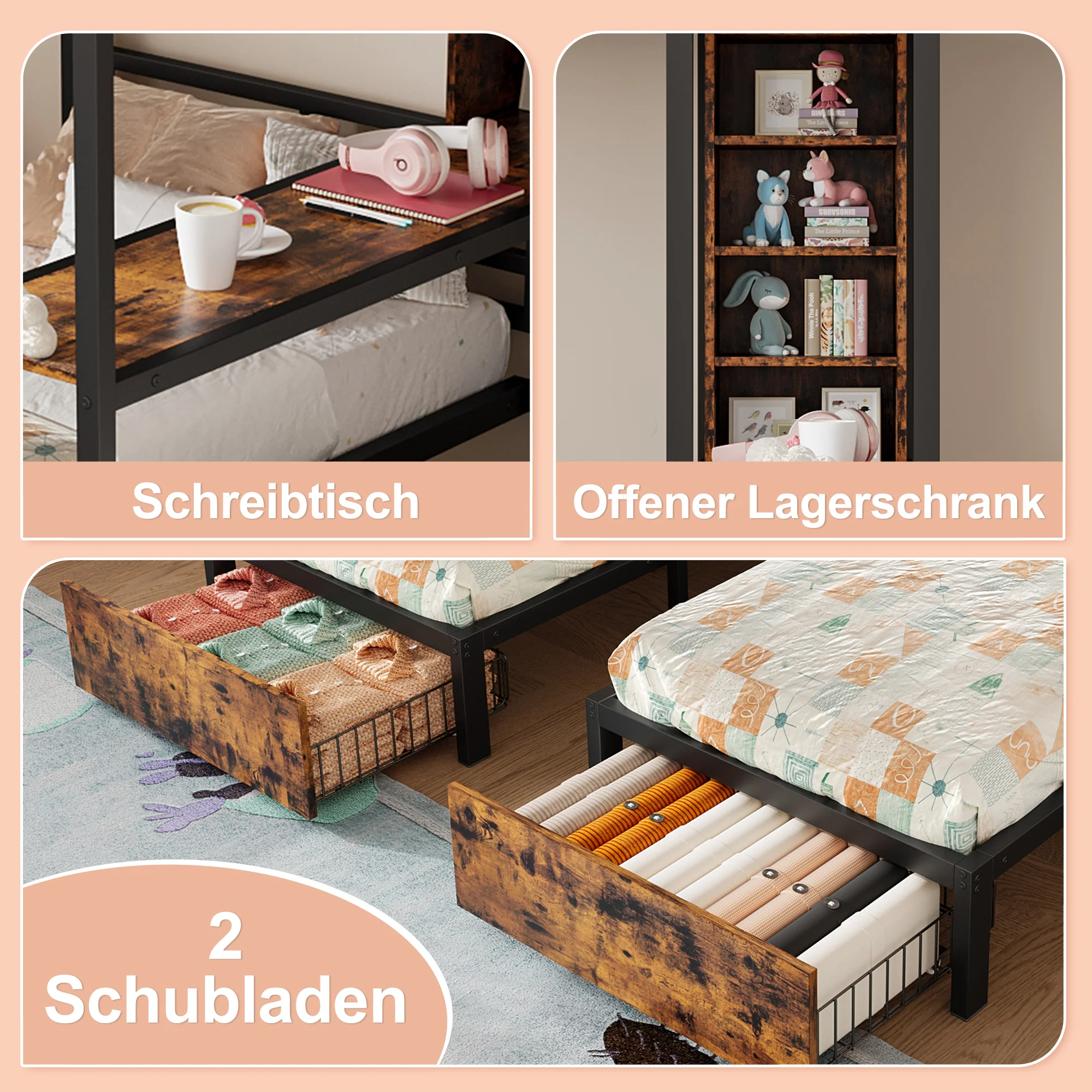 Bunk Bed Triple Sleeper 140x200/90x200cm with Storage Drawers and Shelves Black - Image 5