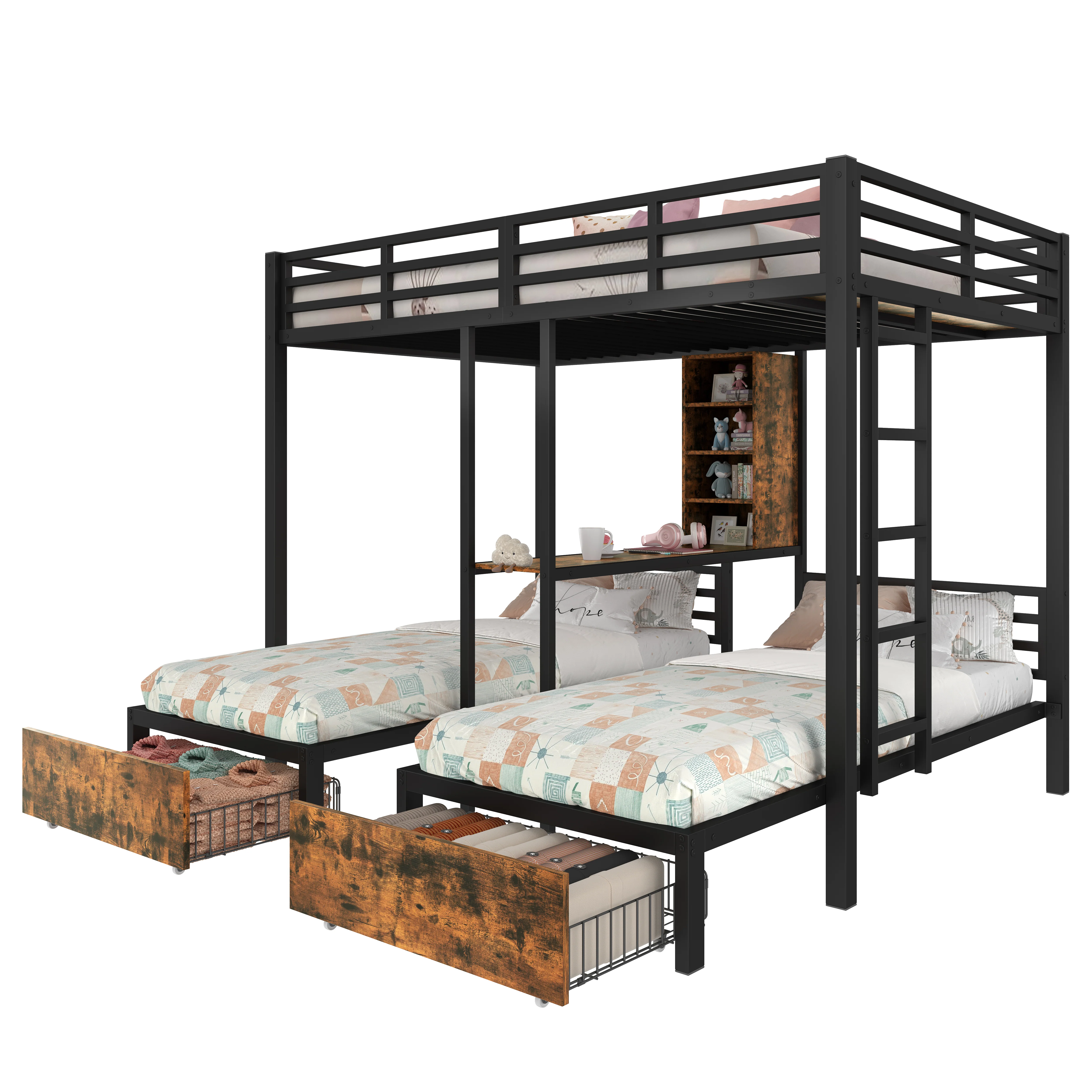 Bunk Bed Triple Sleeper 140x200/90x200cm with Storage Drawers and Shelves Black - Image 7