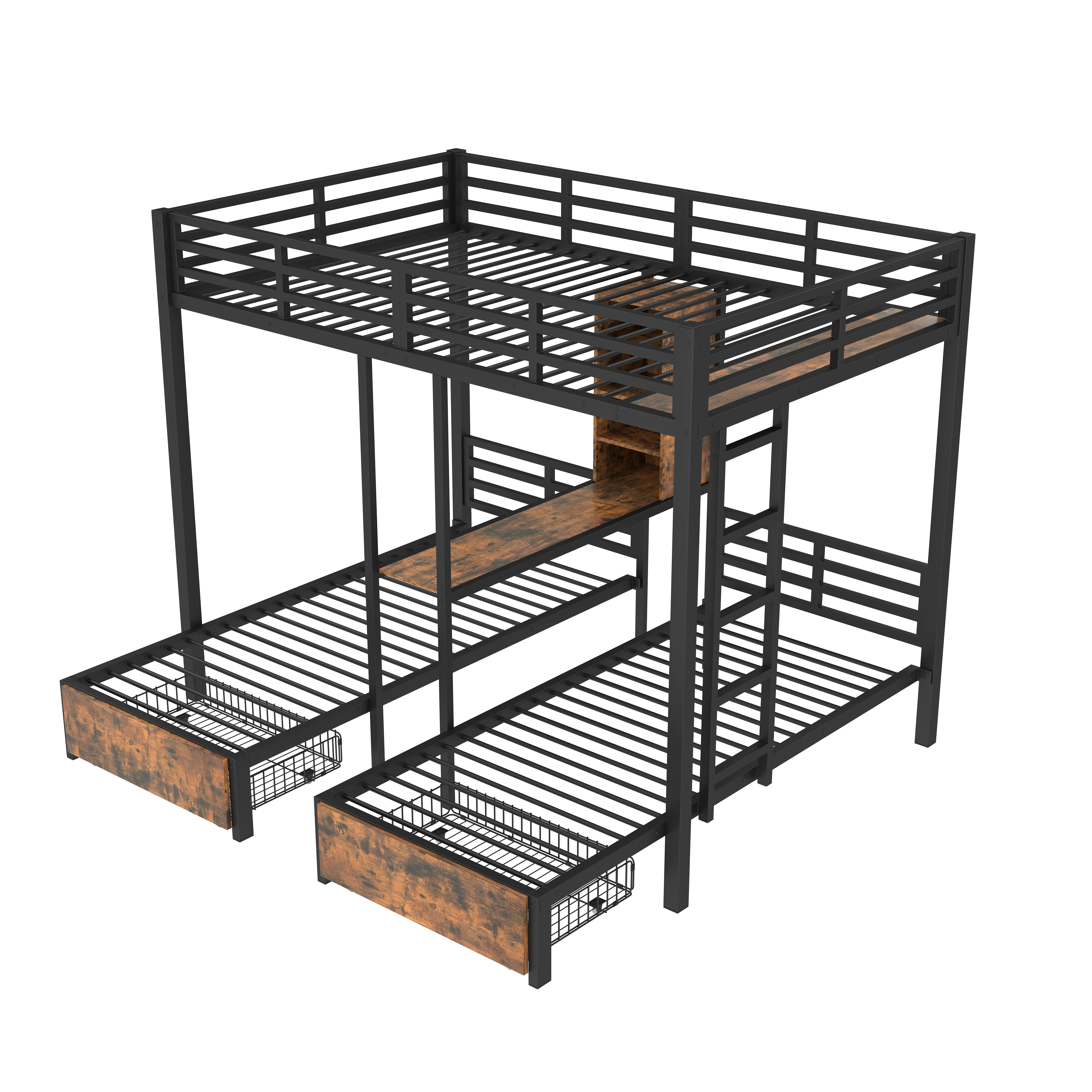 Bunk Bed Triple Sleeper 140x200/90x200cm with Storage Drawers and Shelves Black - Image 9