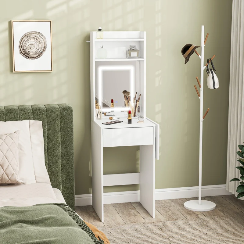 Compact Dressing Table, Mirror, LED Lighting, Folding Tabletop, Open Shelves, Drawer, White MDF - Image 2