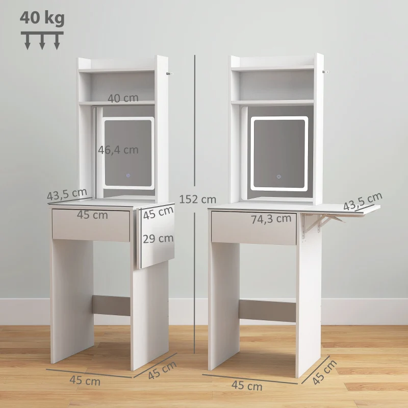Compact Dressing Table, Mirror, LED Lighting, Folding Tabletop, Open Shelves, Drawer, White MDF - Image 3