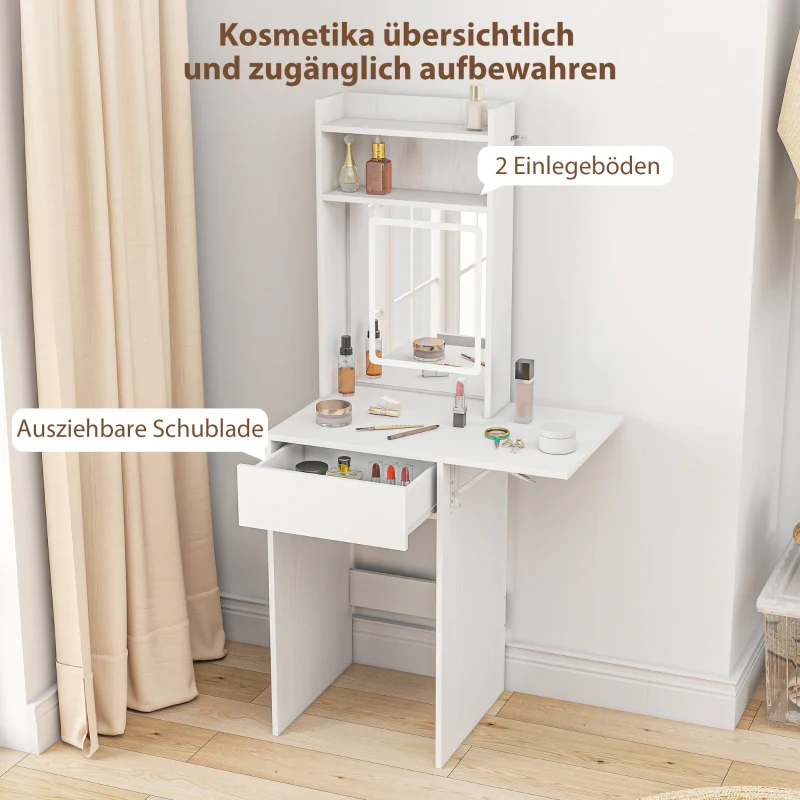 Compact Dressing Table, Mirror, LED Lighting, Folding Tabletop, Open Shelves, Drawer, White MDF - Image 6