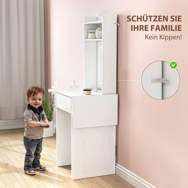 Compact Dressing Table, Mirror, LED Lighting, Folding Tabletop, Open Shelves, Drawer, White MDF - Image 7