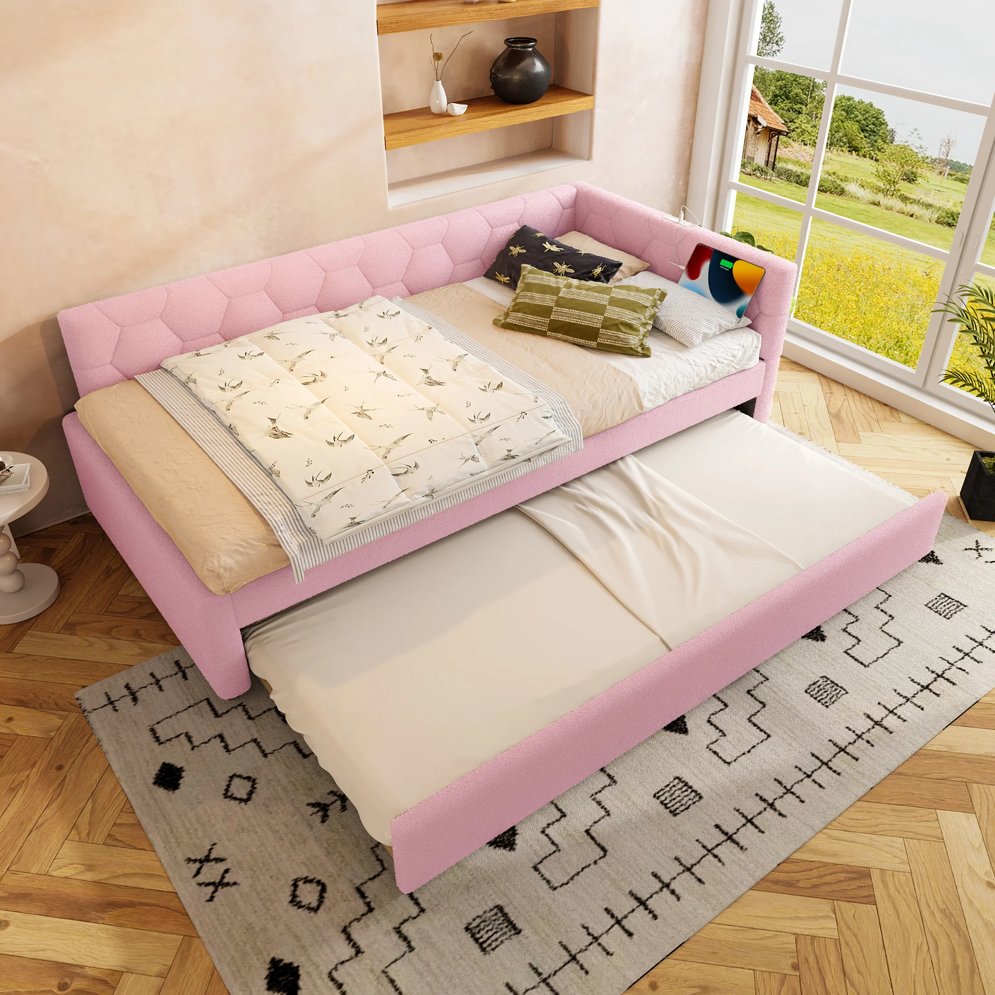 Daybed Sofa Bed 90x200cm Pull-Out Bed Bedside Lamp USB/Type-C Pink Fleece Imitation - Image 10