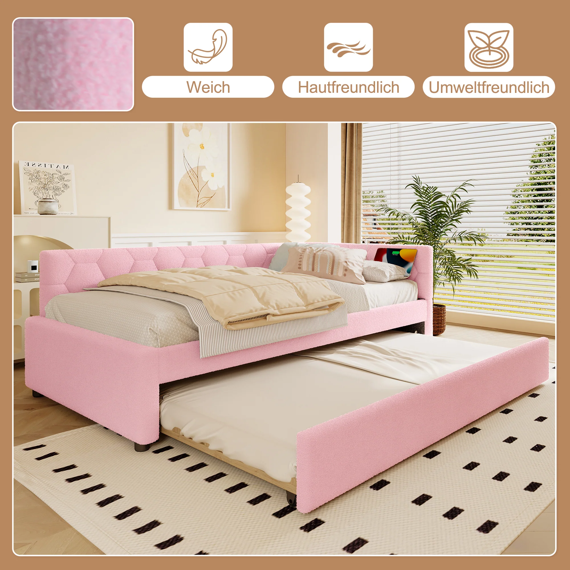 Daybed Sofa Bed 90x200cm Pull-Out Bed Bedside Lamp USB/Type-C Pink Fleece Imitation - Image 3