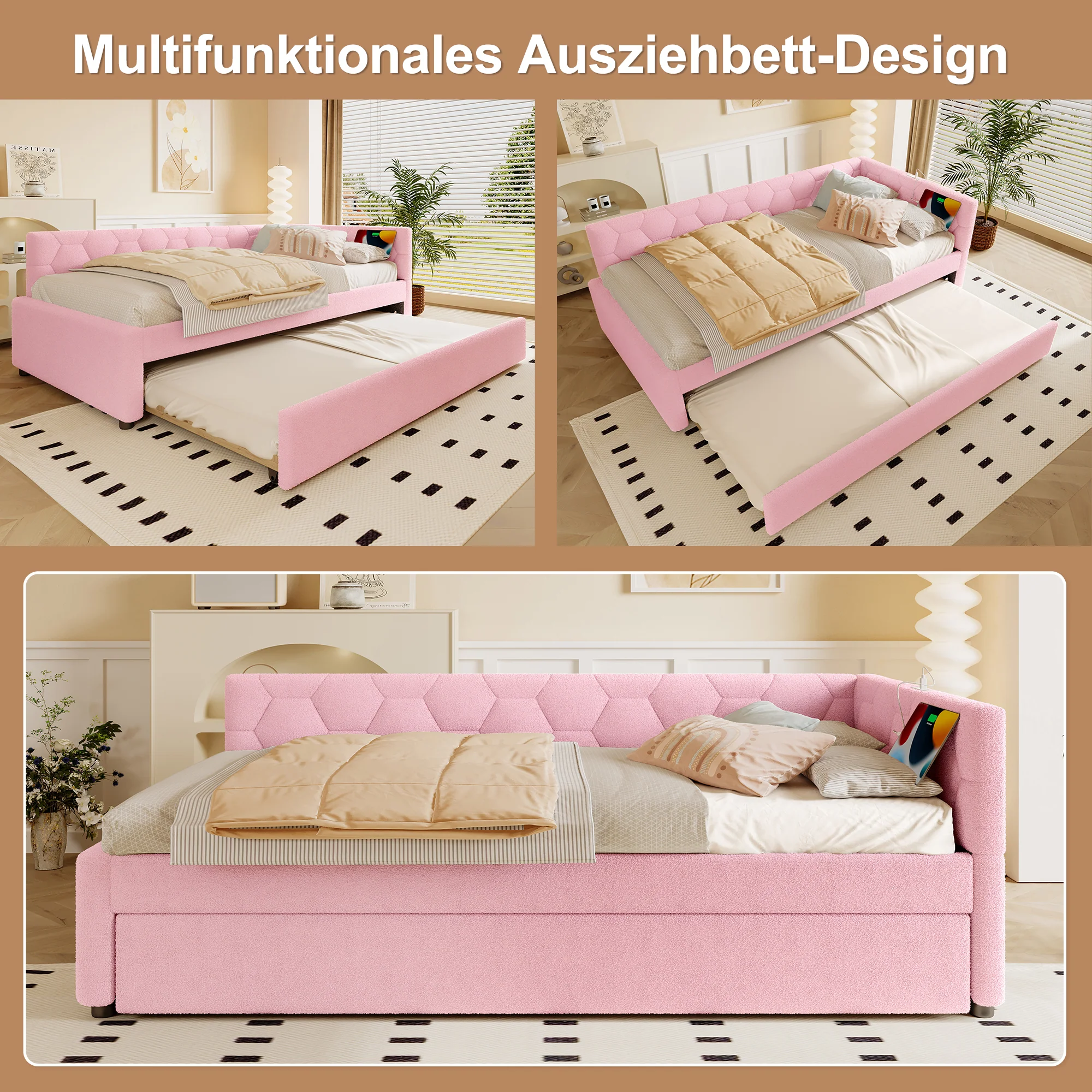 Daybed Sofa Bed 90x200cm Pull-Out Bed Bedside Lamp USB/Type-C Pink Fleece Imitation - Image 4