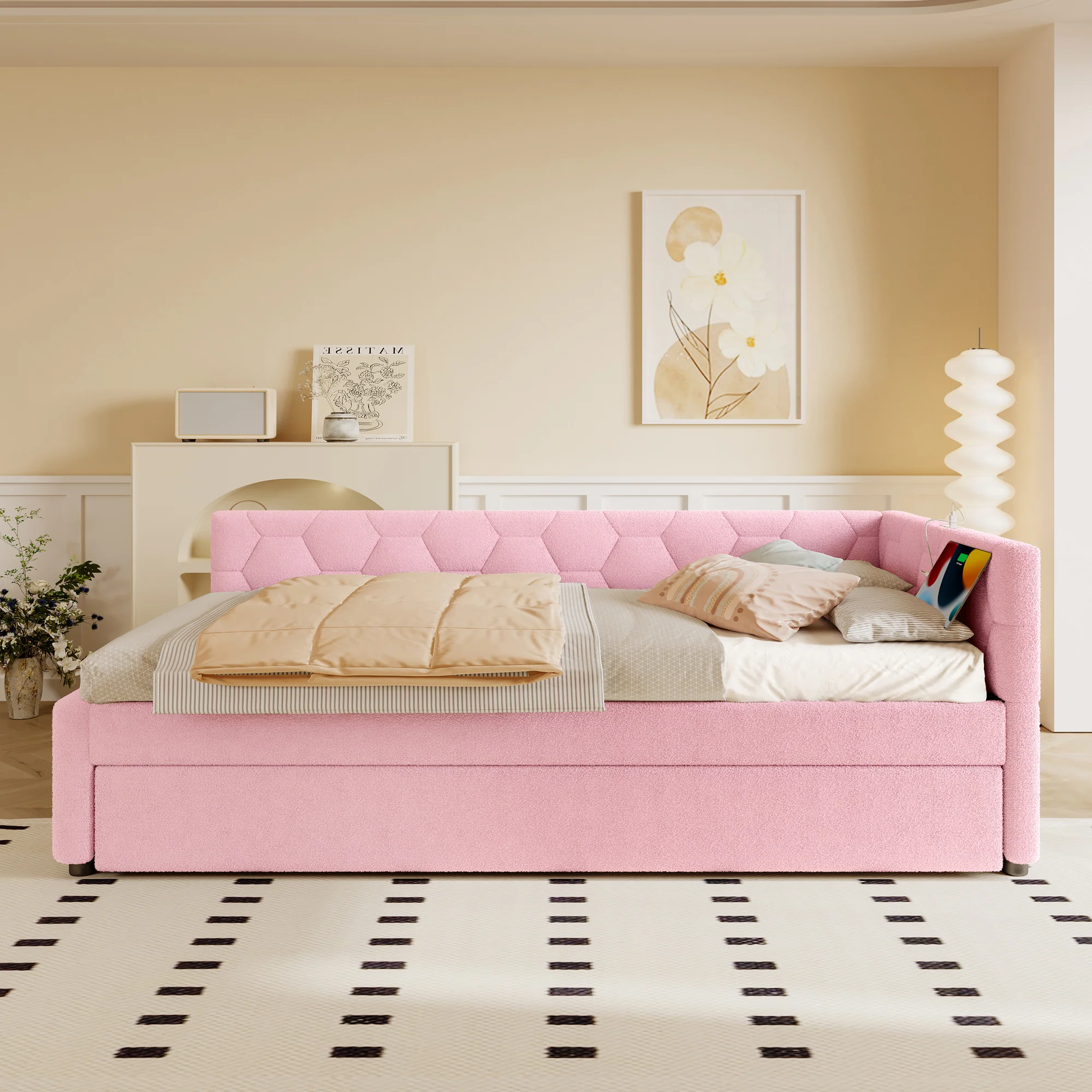 Daybed Sofa Bed 90x200cm Pull-Out Bed Bedside Lamp USB/Type-C Pink Fleece Imitation - Image 6