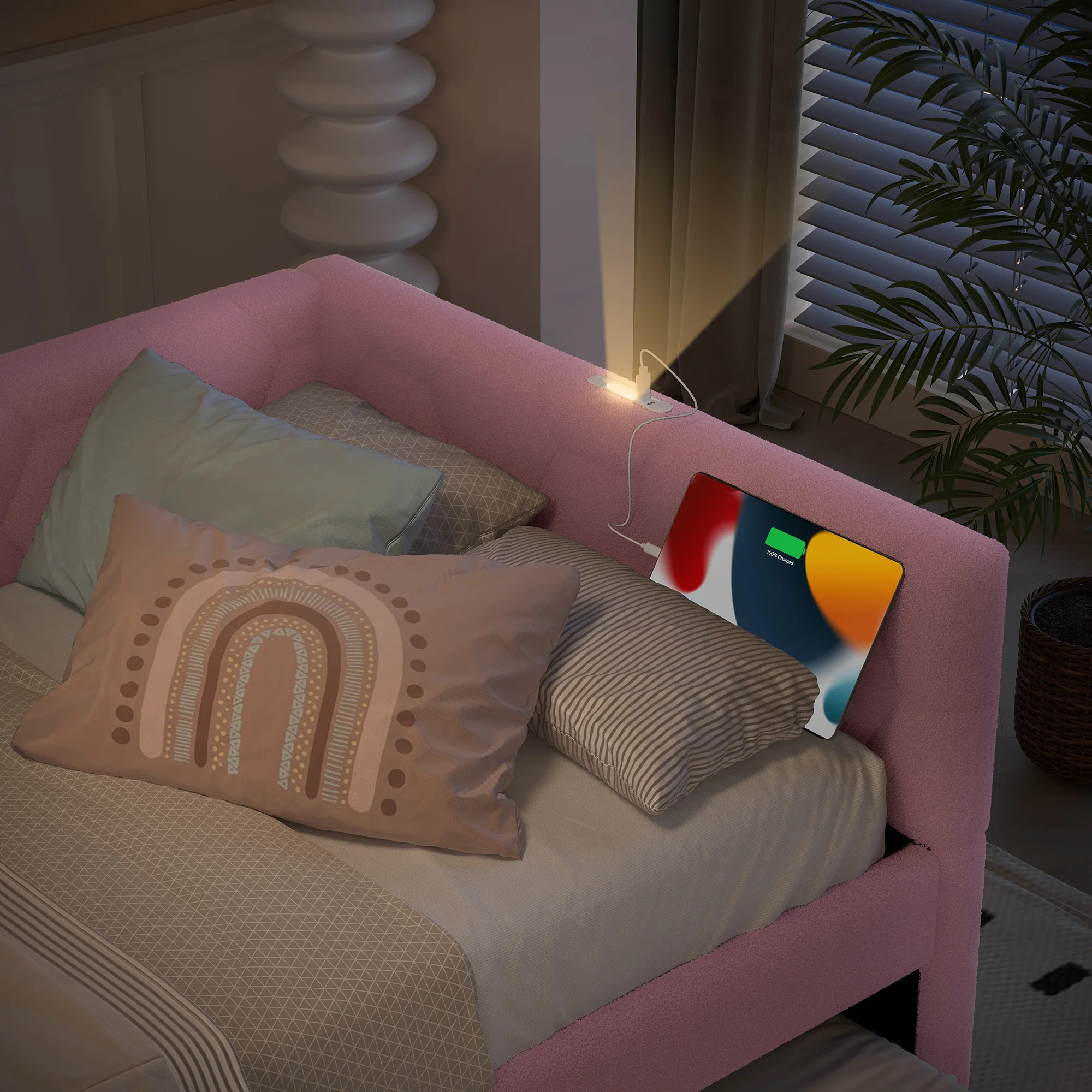 Daybed Sofa Bed 90x200cm Pull-Out Bed Bedside Lamp USB/Type-C Pink Fleece Imitation - Image 7