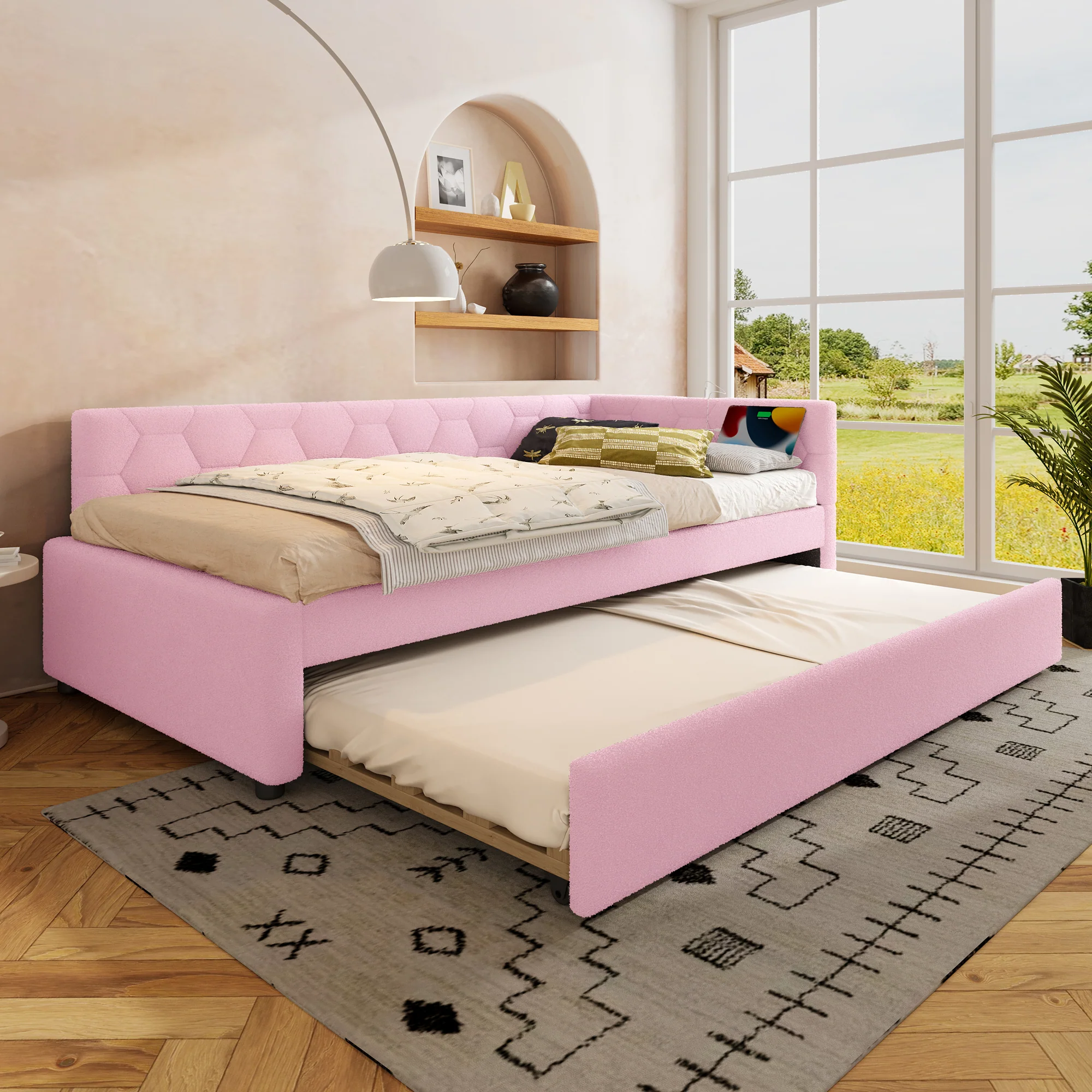 Daybed Sofa Bed 90x200cm Pull-Out Bed Bedside Lamp USB/Type-C Pink Fleece Imitation - Image 8