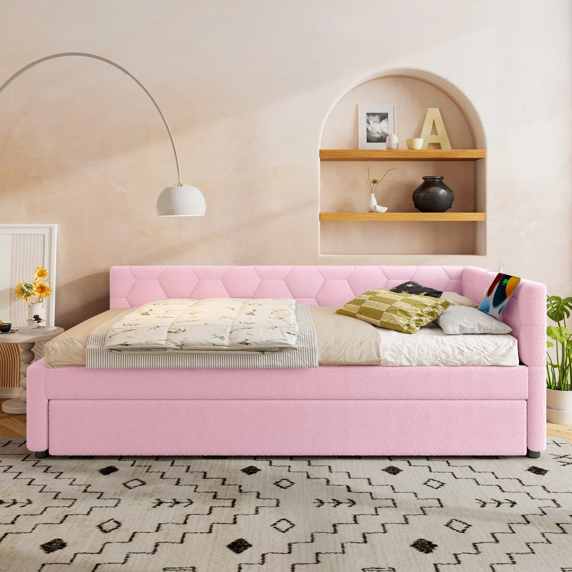 Daybed Sofa Bed 90x200cm Pull-Out Bed Bedside Lamp USB/Type-C Pink Fleece Imitation - Image 9