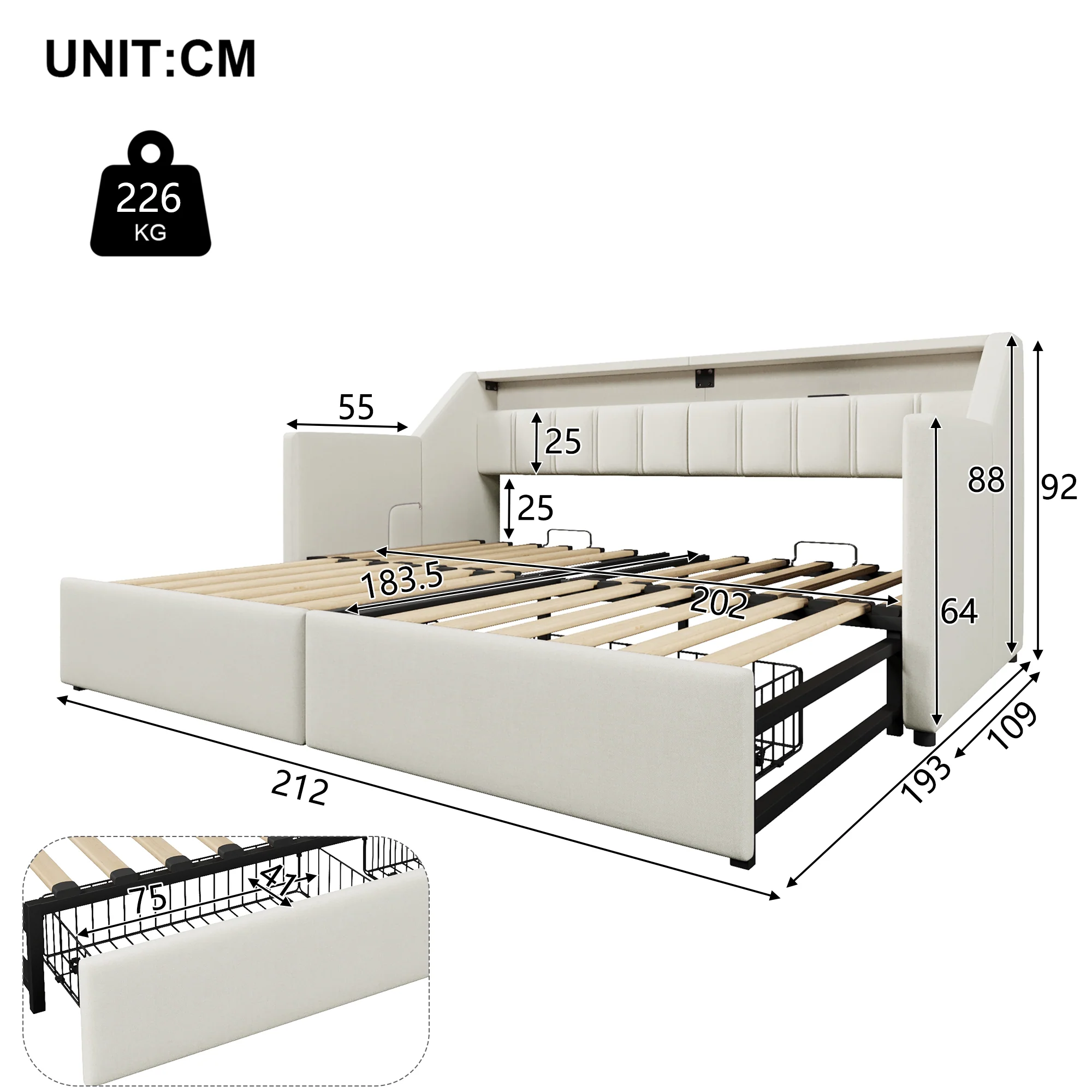Daybed Sofa Bed 90x200cm Pull-out Bed LED USB/Type-C 2 Drawers Storage - Beige - Image 10