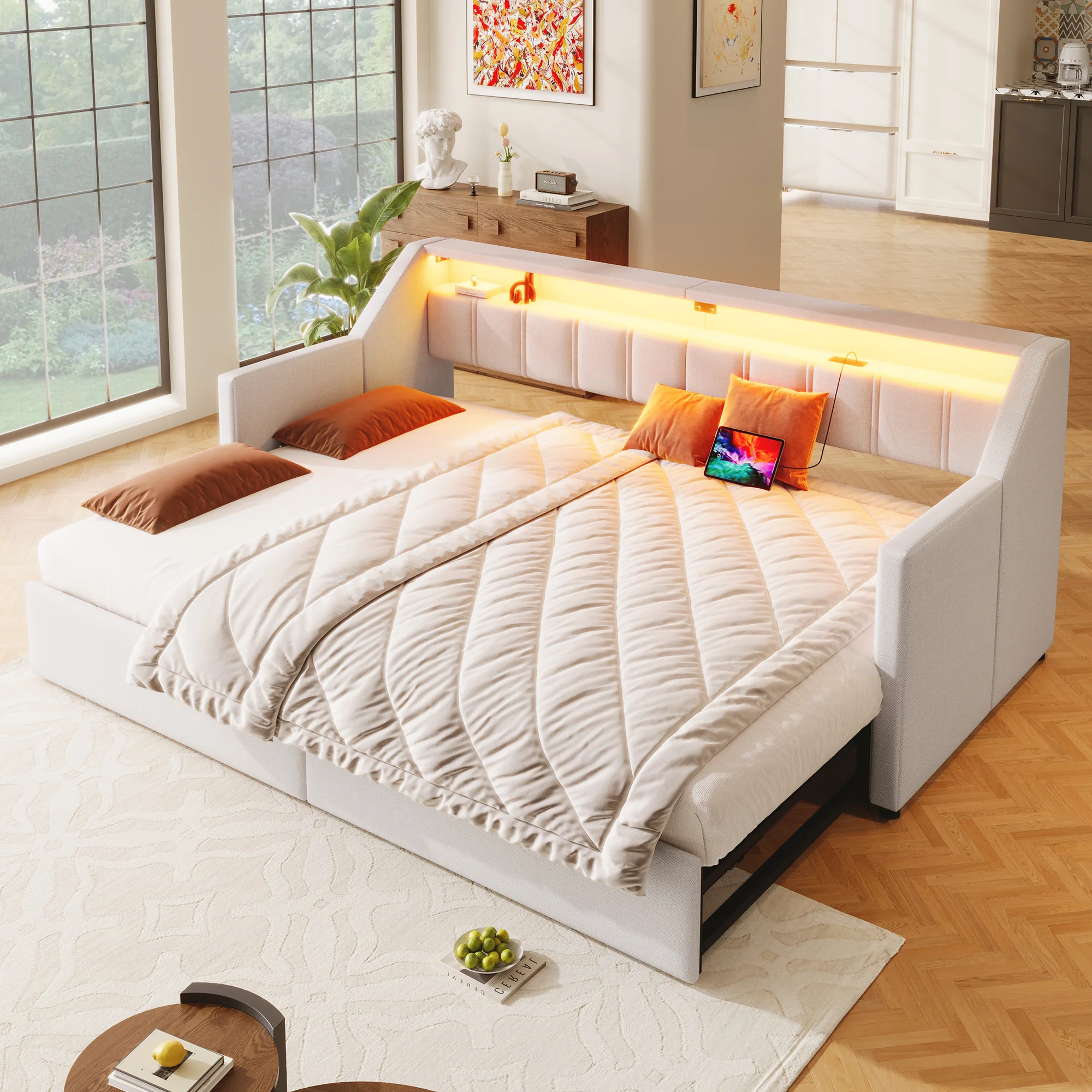 Daybed Sofa Bed 90x200cm Pull-out Bed LED USB/Type-C 2 Drawers Storage - Beige - Image 4