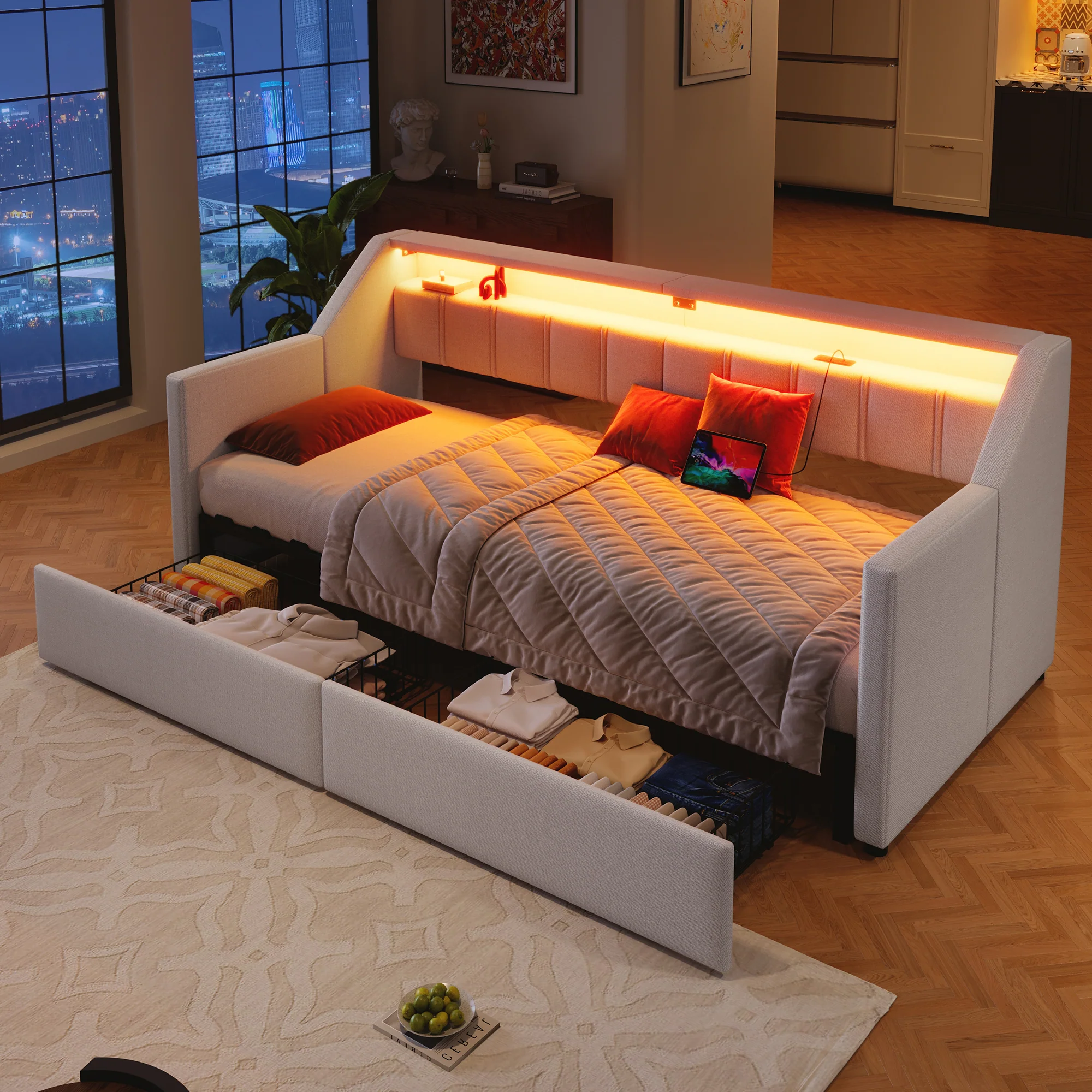 Daybed Sofa Bed 90x200cm Pull-out Bed LED USB/Type-C 2 Drawers Storage - Beige - Image 6