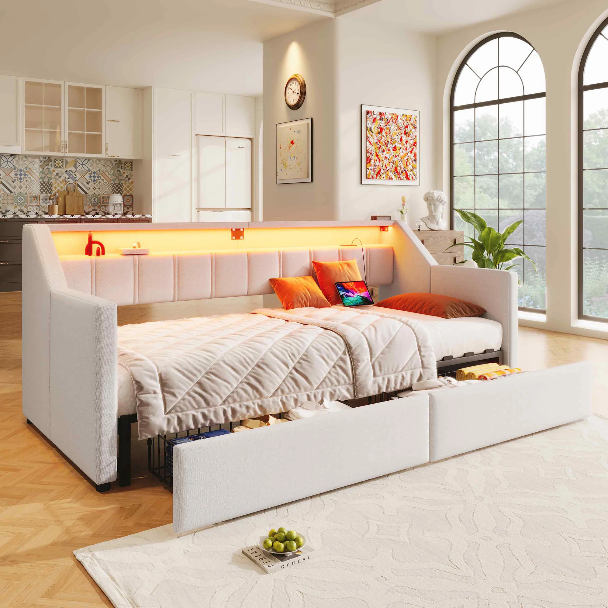 Daybed Sofa Bed 90x200cm Pull-out Bed LED USB/Type-C 2 Drawers Storage - Beige - Image 7