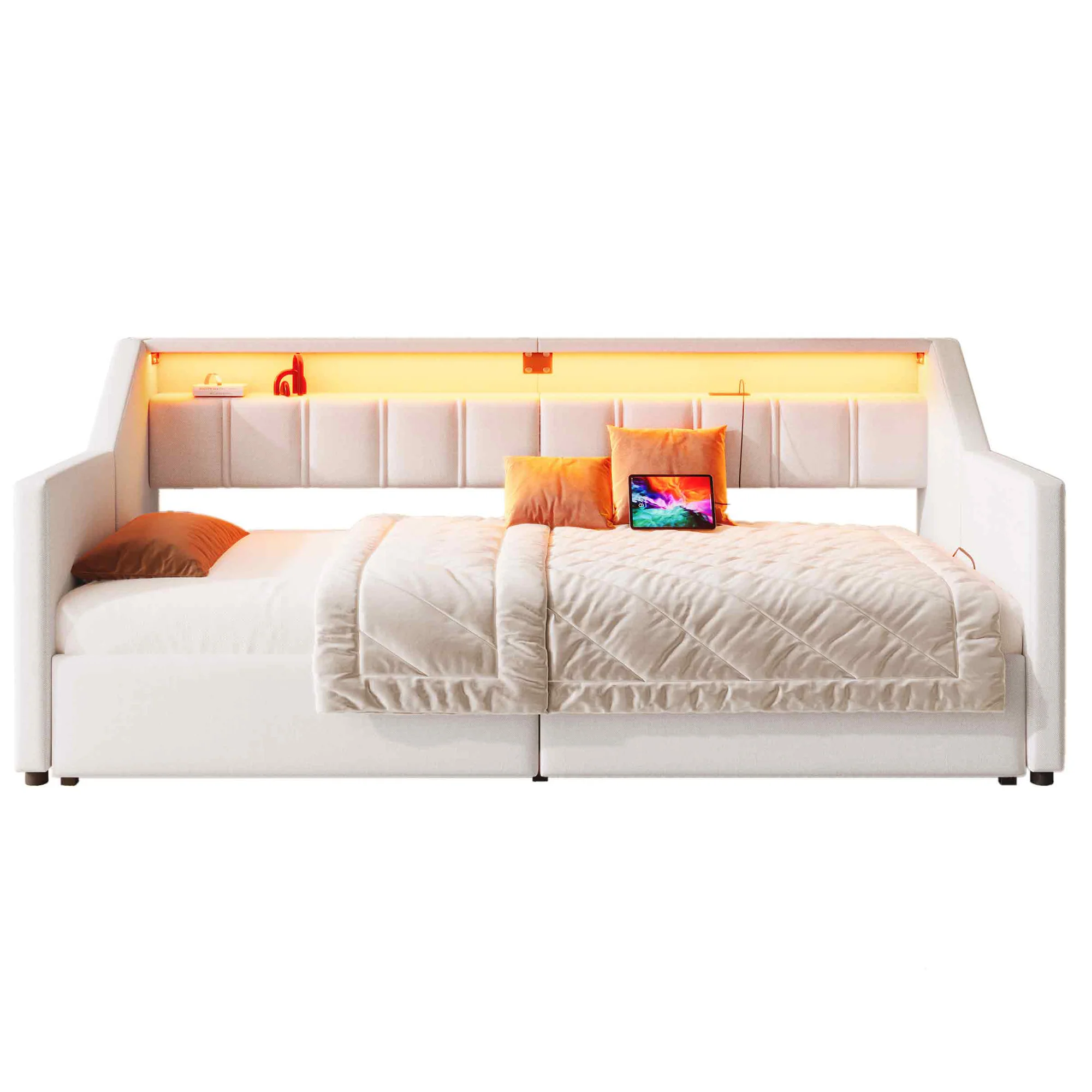 Daybed Sofa Bed 90x200cm Pull-out Bed LED USB/Type-C 2 Drawers Storage - Beige - Image 8