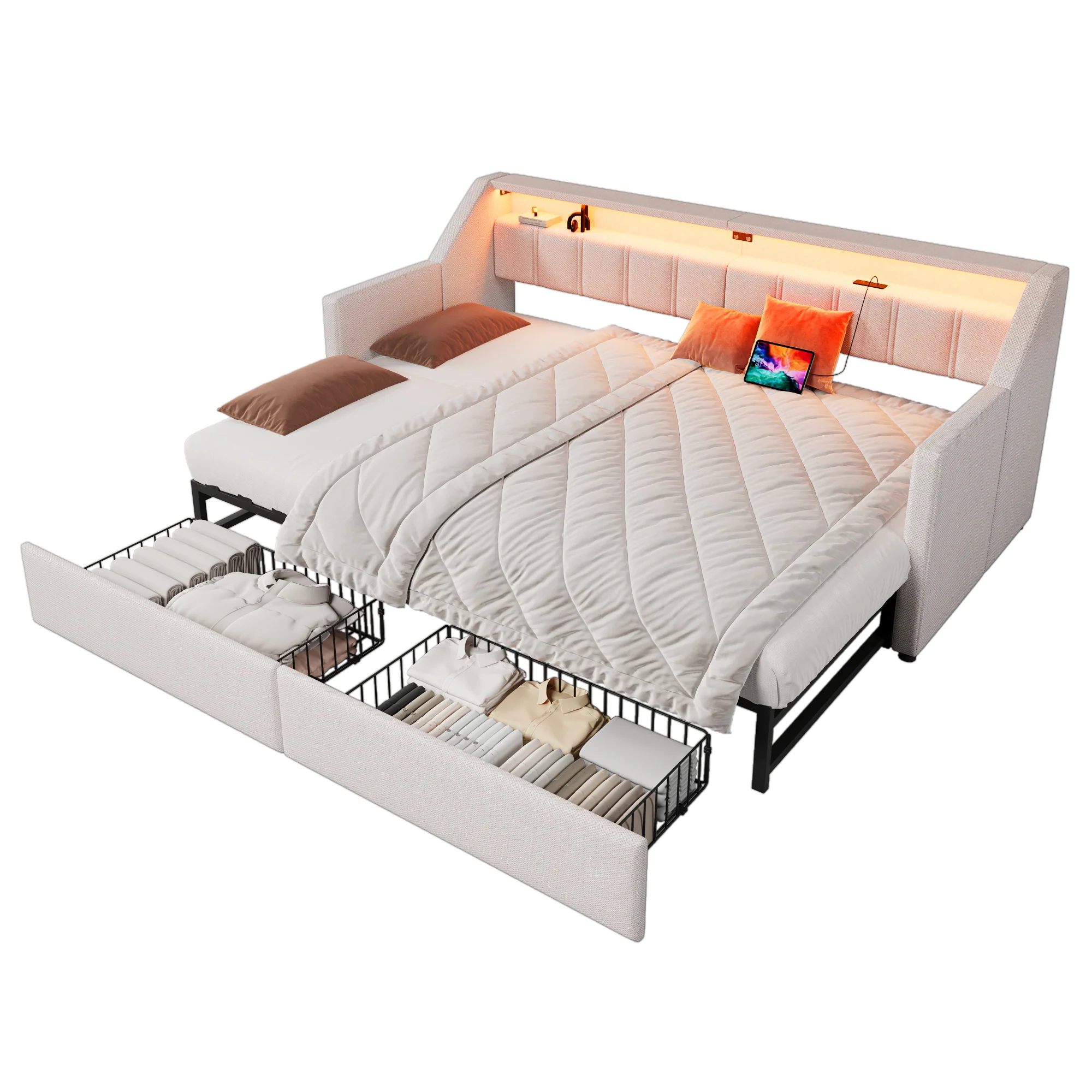 Daybed Sofa Bed 90x200cm Pull-out Bed LED USB/Type-C 2 Drawers Storage - Beige - Image 9