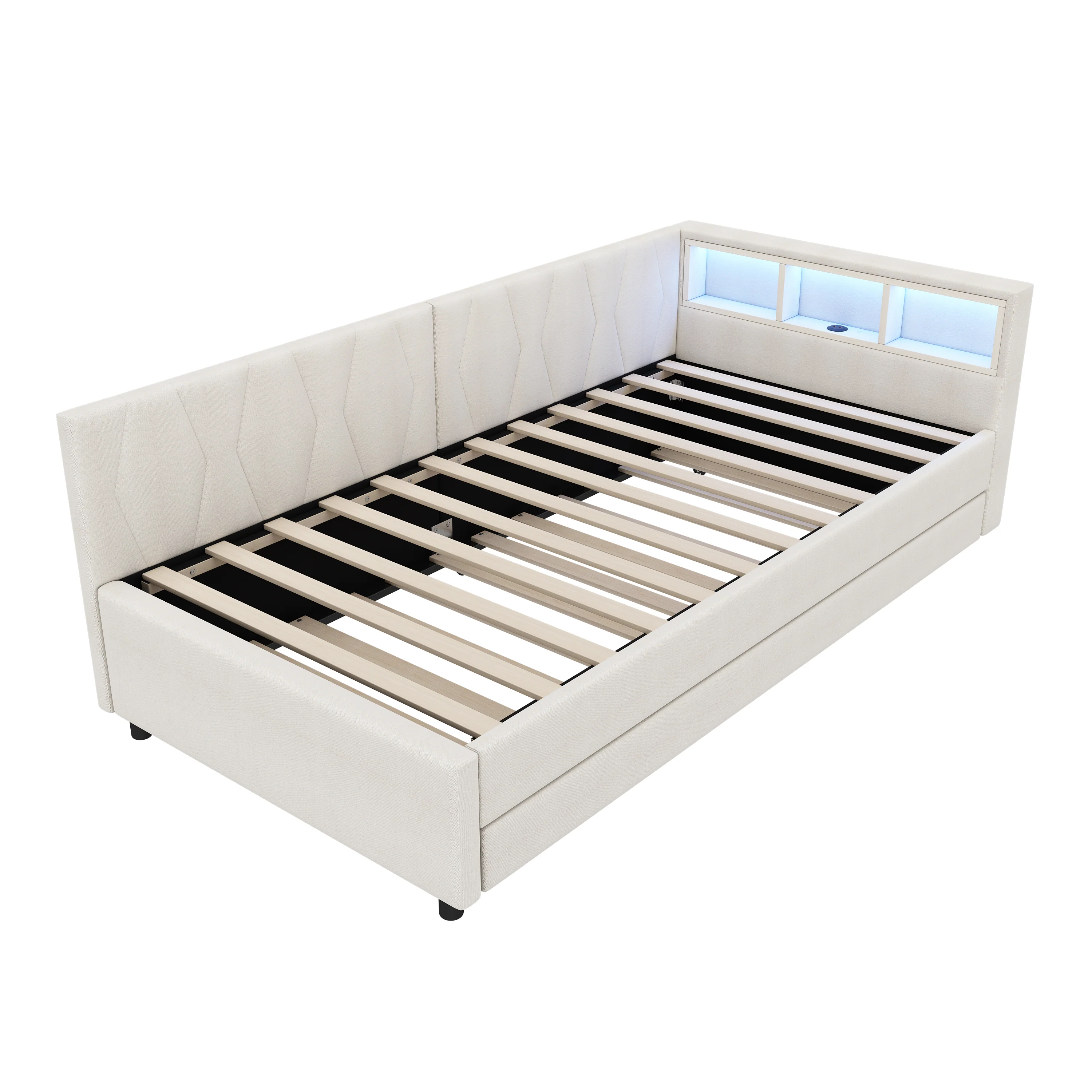 Daybed Sofa Bed 90x200cm Pull-out Bed Storage LED USB/Type-C - Linen Beige - Image 10