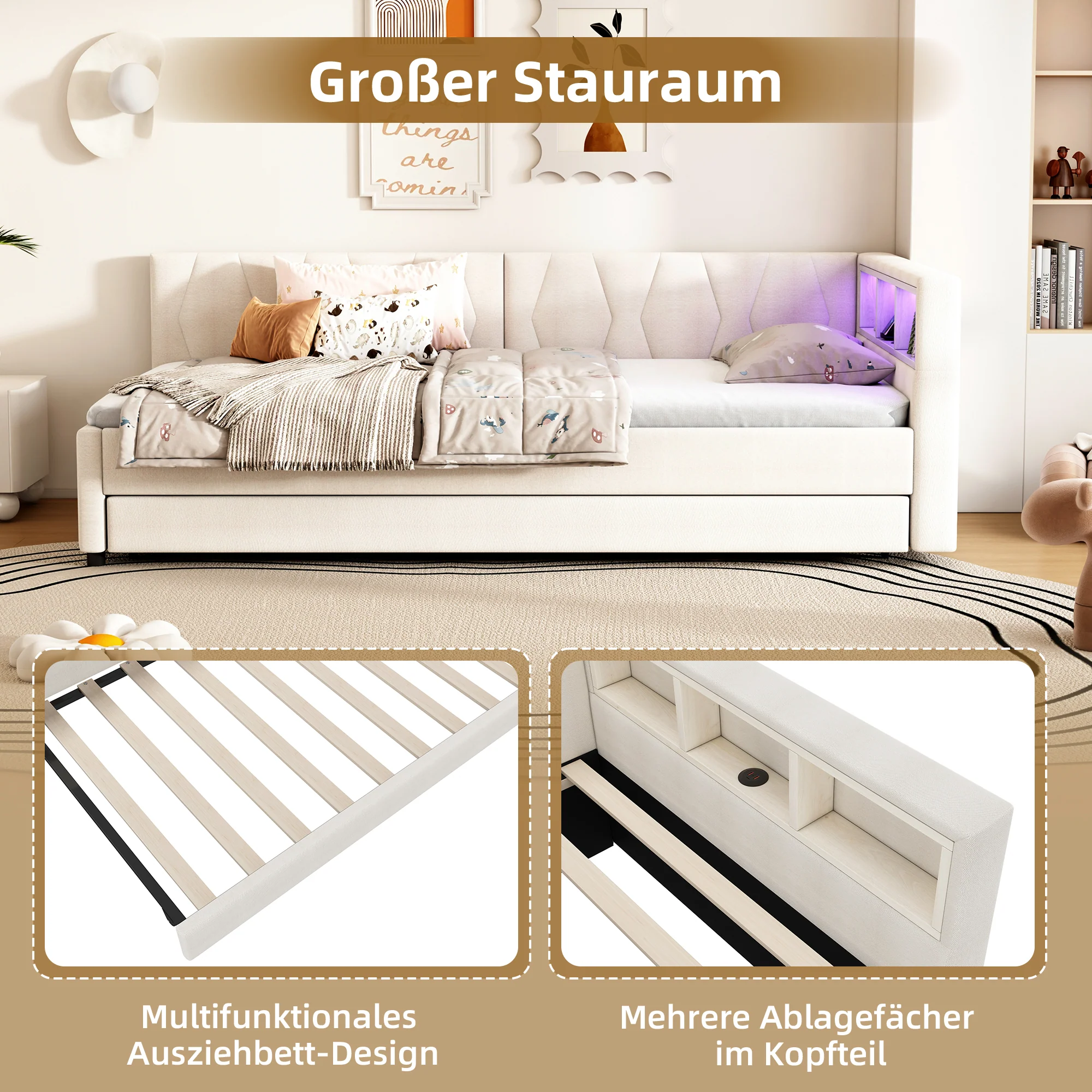 Daybed Sofa Bed 90x200cm Pull-out Bed Storage LED USB/Type-C - Linen Beige - Image 3