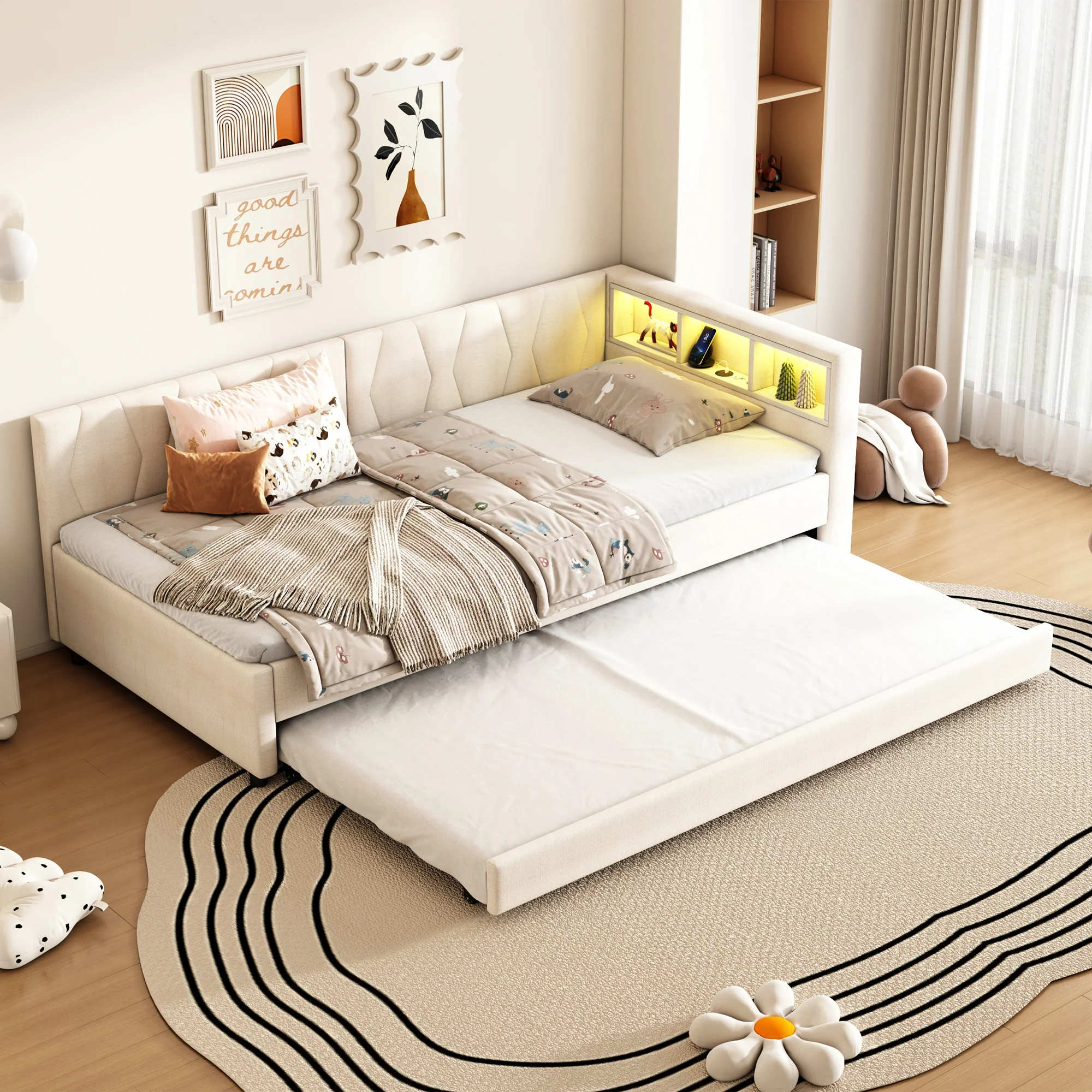 Daybed Sofa Bed 90x200cm Pull-out Bed Storage LED USB/Type-C - Linen Beige - Image 4