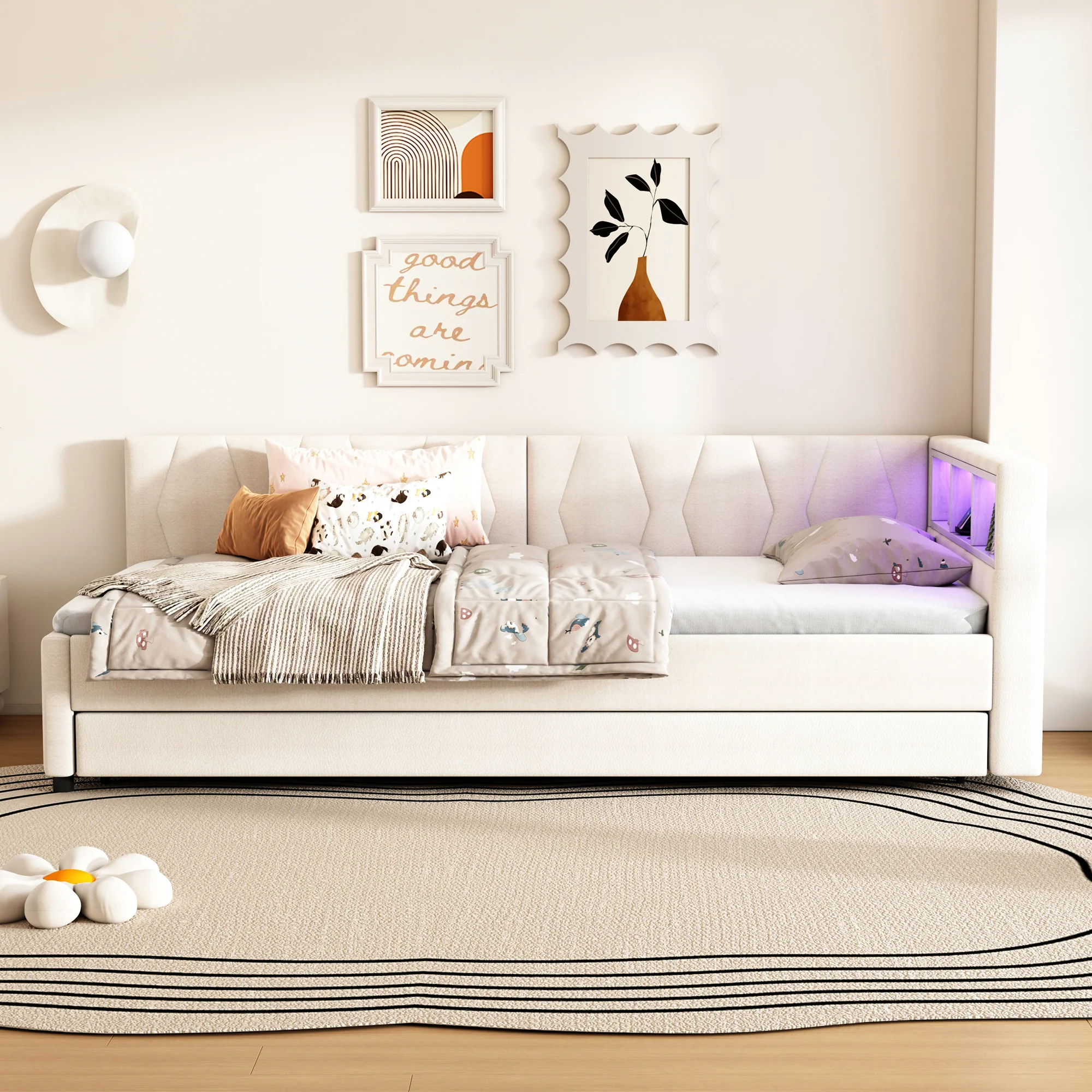 Daybed Sofa Bed 90x200cm Pull-out Bed Storage LED USB/Type-C - Linen Beige - Image 5