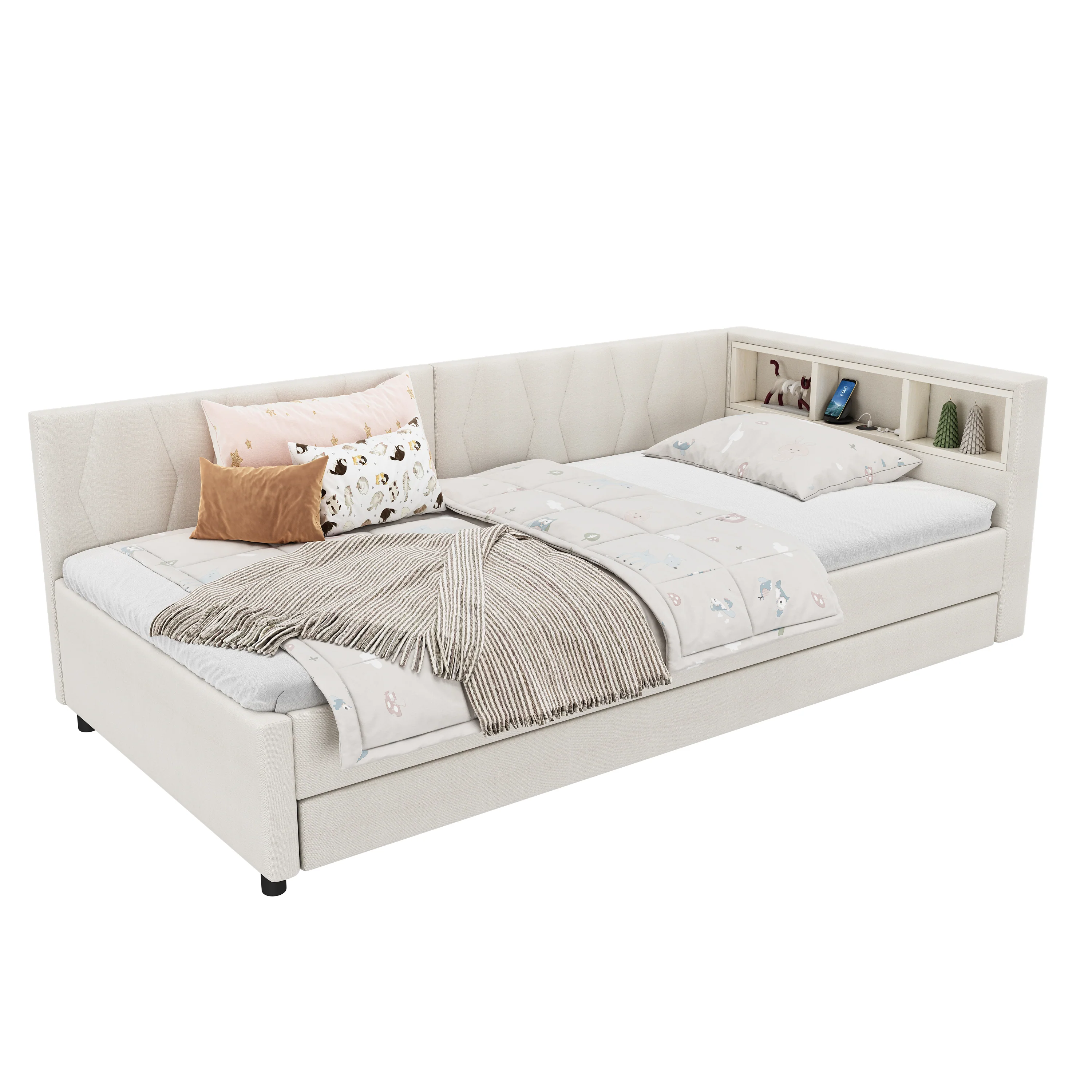 Daybed Sofa Bed 90x200cm Pull-out Bed Storage LED USB/Type-C - Linen Beige - Image 7