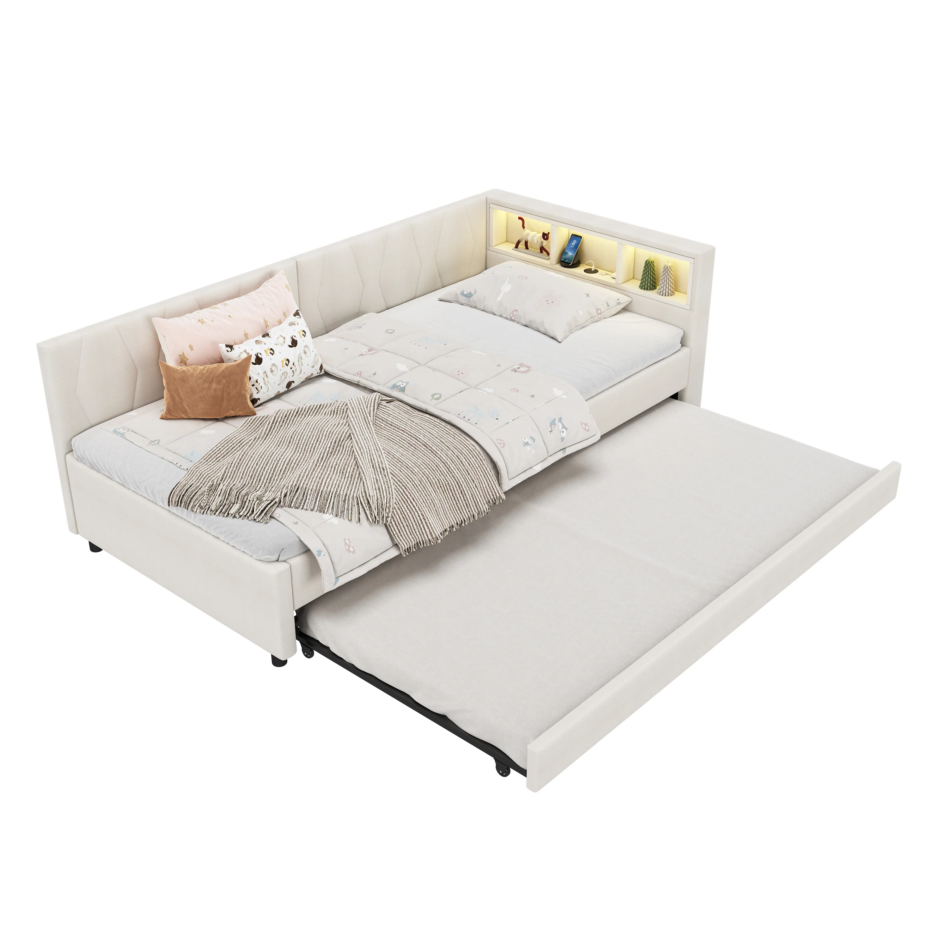 Daybed Sofa Bed 90x200cm Pull-out Bed Storage LED USB/Type-C - Linen Beige - Image 8