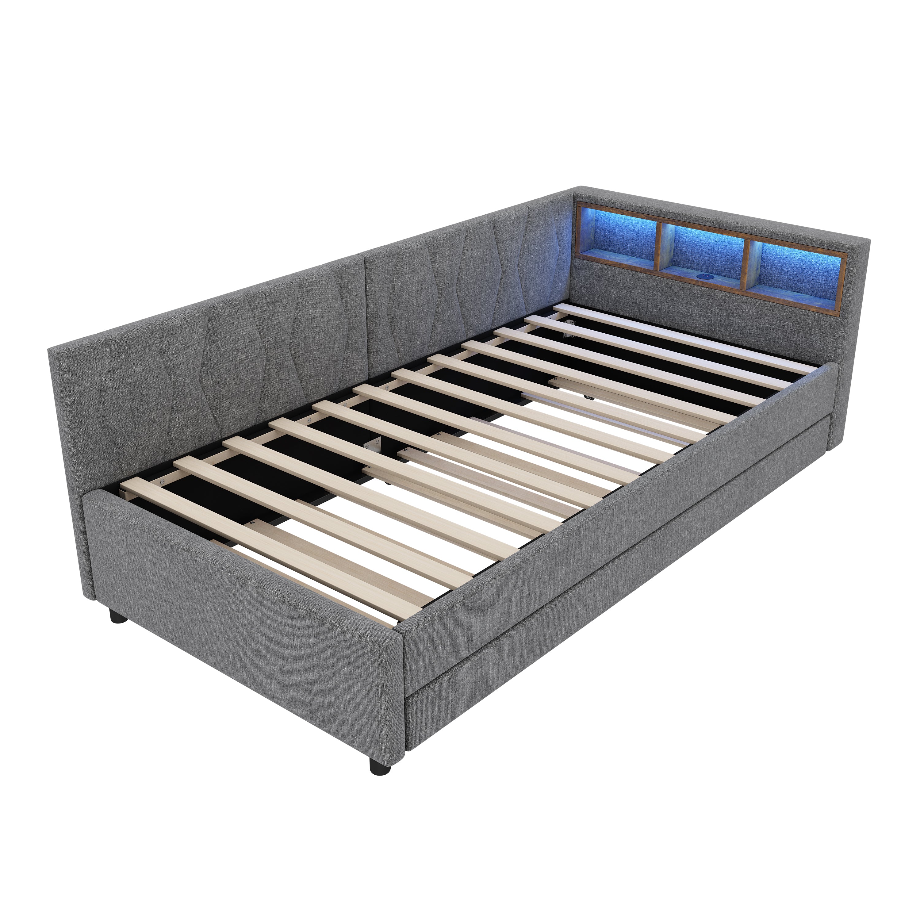 Daybed Sofa Bed 90x200cm Pull-out Bed Storage LED USB/Type-C - Linen Grey - Image 10