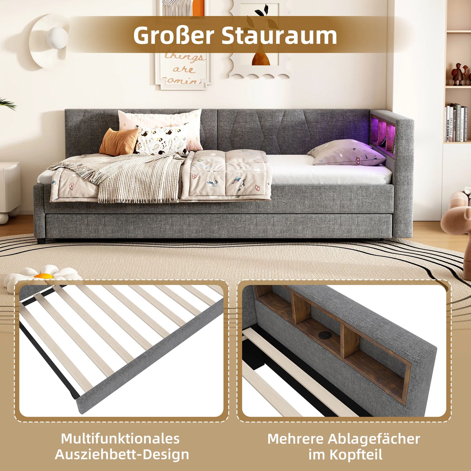 Daybed Sofa Bed 90x200cm Pull-out Bed Storage LED USB/Type-C - Linen Grey - Image 3