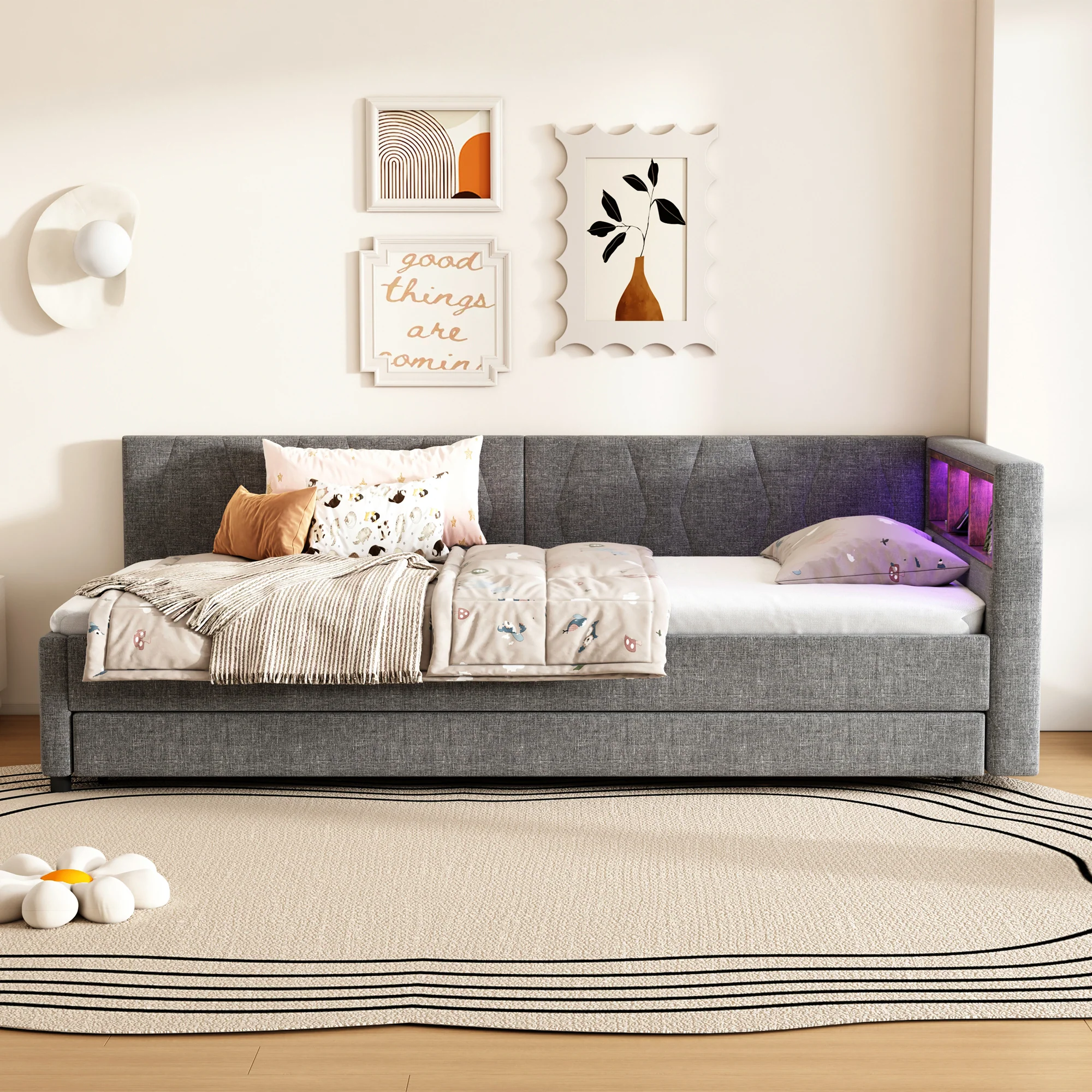 Daybed Sofa Bed 90x200cm Pull-out Bed Storage LED USB/Type-C - Linen Grey - Image 4