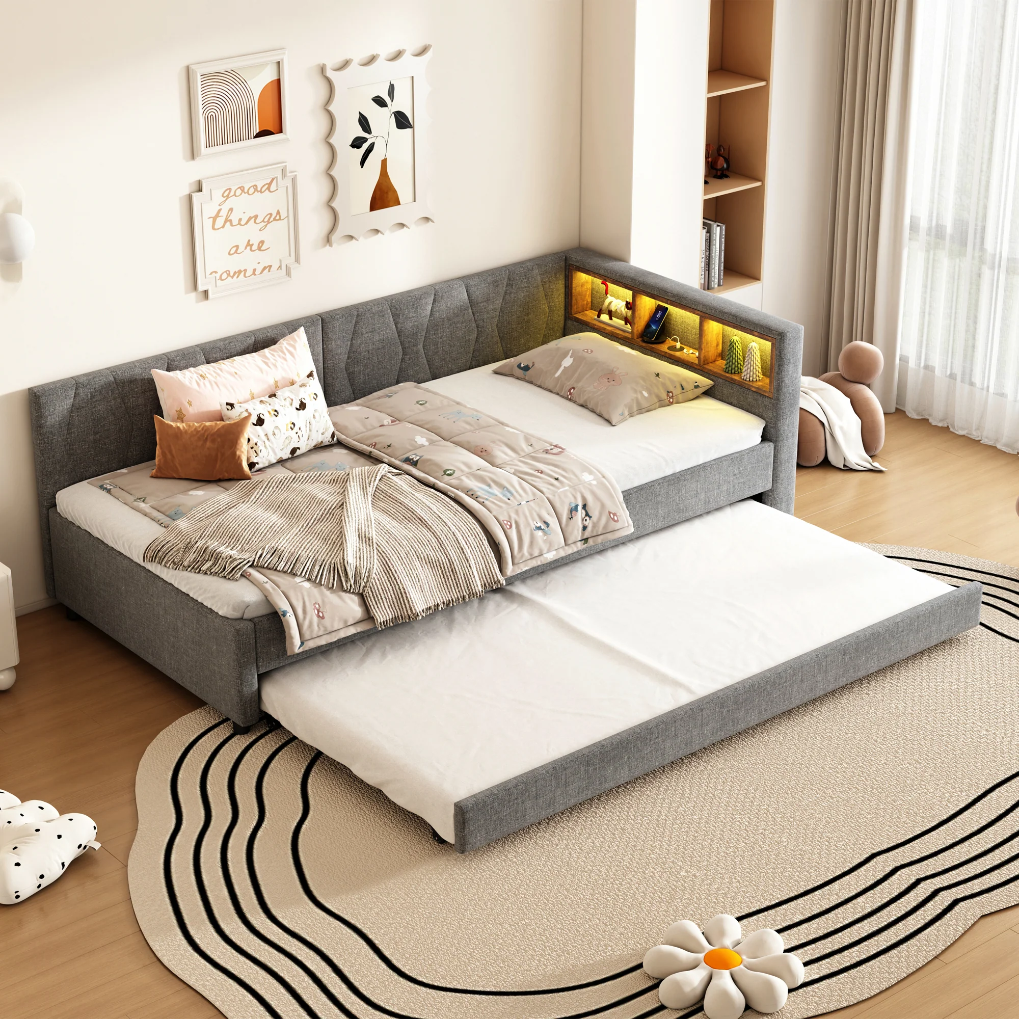 Daybed Sofa Bed 90x200cm Pull-out Bed Storage LED USB/Type-C - Linen Grey - Image 5