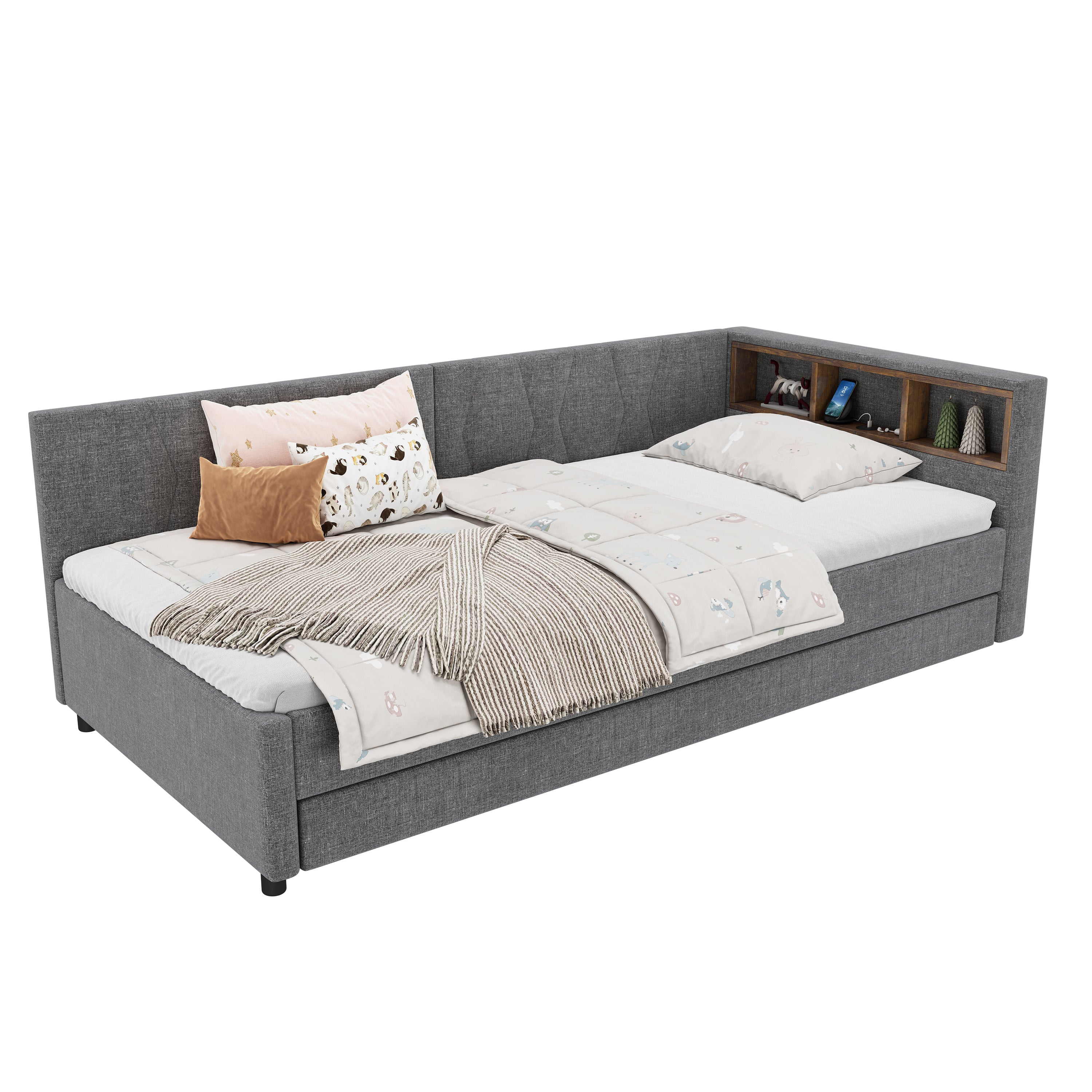 Daybed Sofa Bed 90x200cm Pull-out Bed Storage LED USB/Type-C - Linen Grey - Image 7