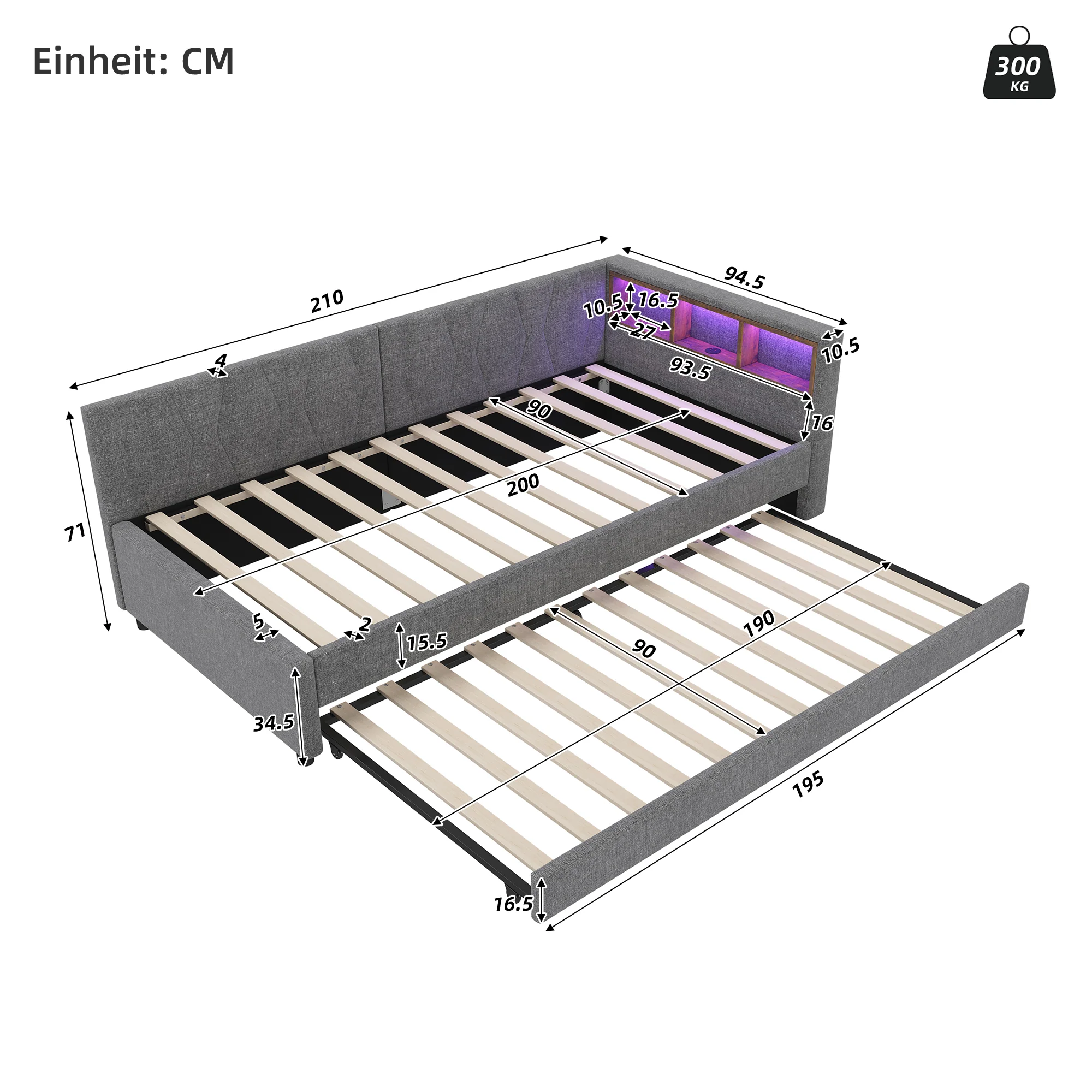 Daybed Sofa Bed 90x200cm Pull-out Bed Storage LED USB/Type-C - Linen Grey - Image 9