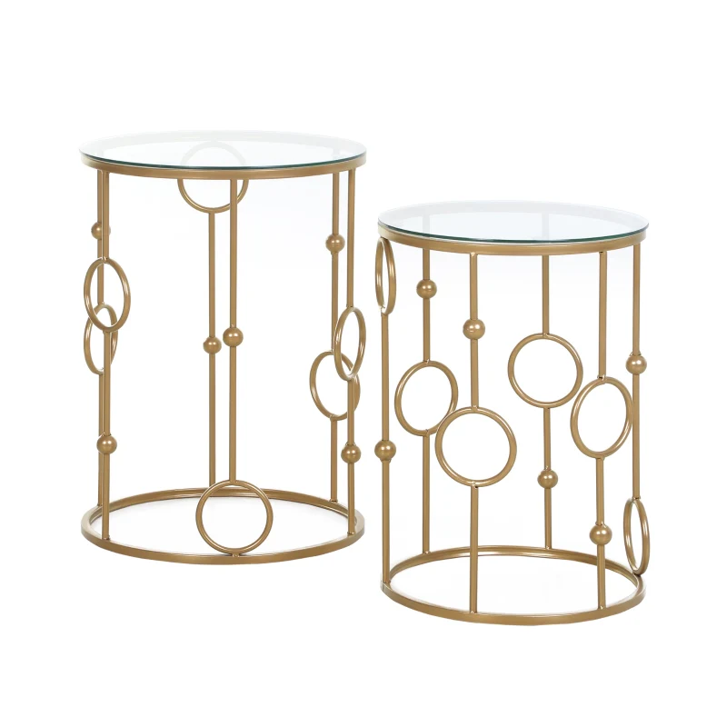 Set of 2 Coffee Tables, Glass Tops, Hoop and Ball Design, Gold