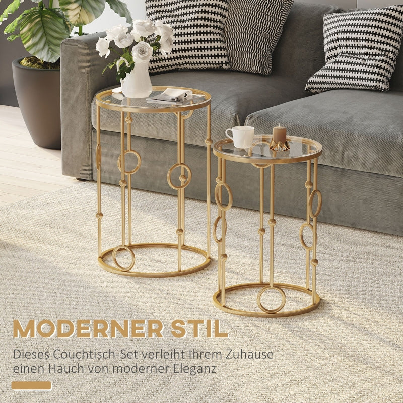Set of 2 Coffee Tables, Glass Tops, Hoop and Ball Design, Gold - Image 4