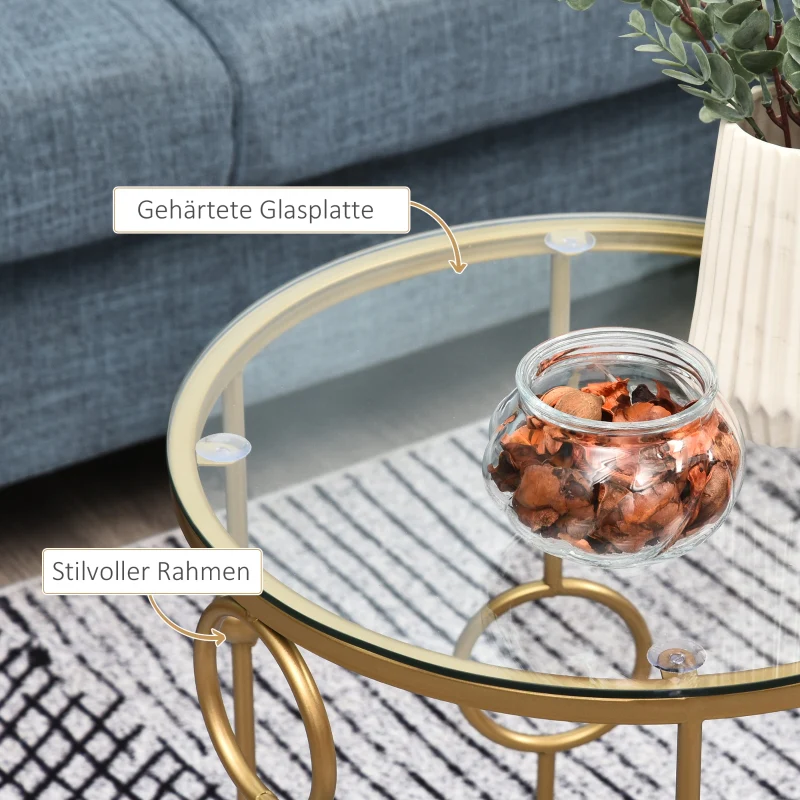 Set of 2 Coffee Tables, Glass Tops, Hoop and Ball Design, Gold - Image 5