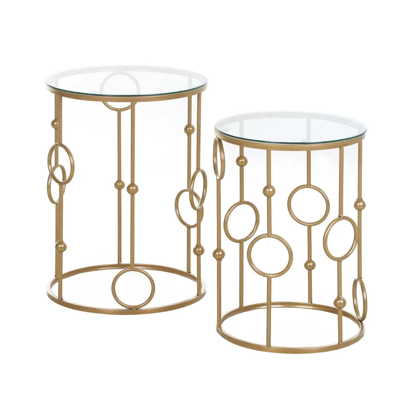 Set of 2 Coffee Tables, Glass Tops, Hoop and Ball Design, Gold - Image 8