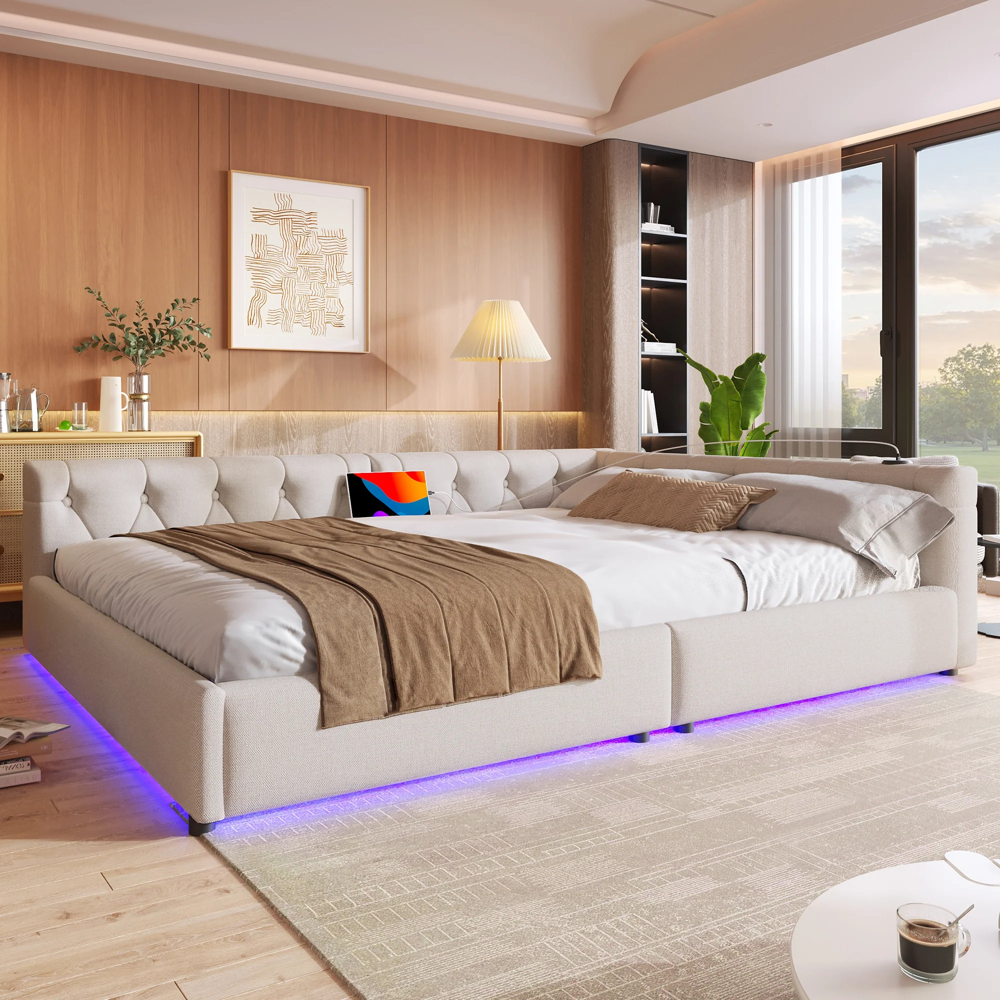 Sofa Bed 140x200cm LED Light USB/Type-C Button Tufting - Beige Linen - Image 3