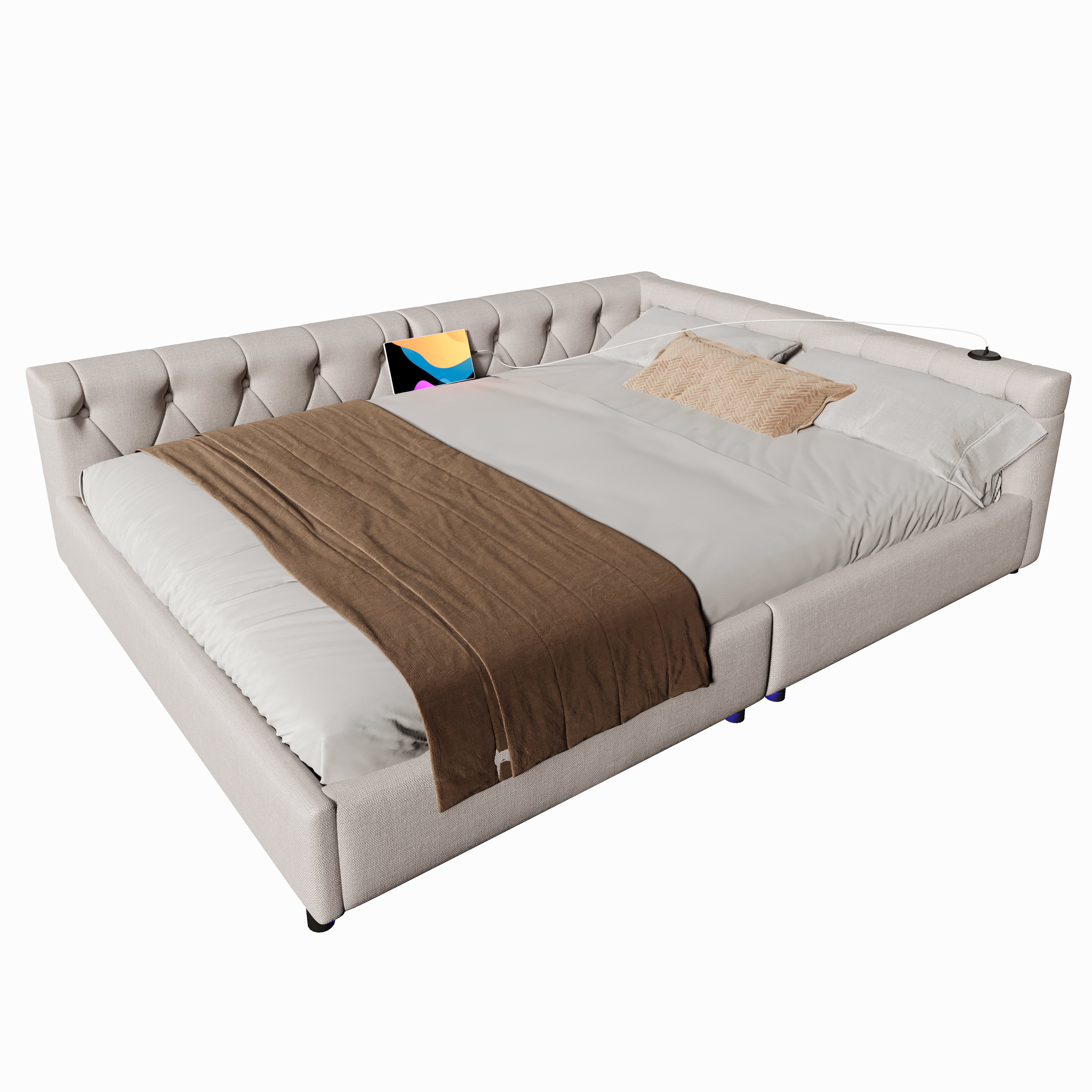 Sofa Bed 140x200cm LED Light USB/Type-C Button Tufting - Beige Linen - Image 6