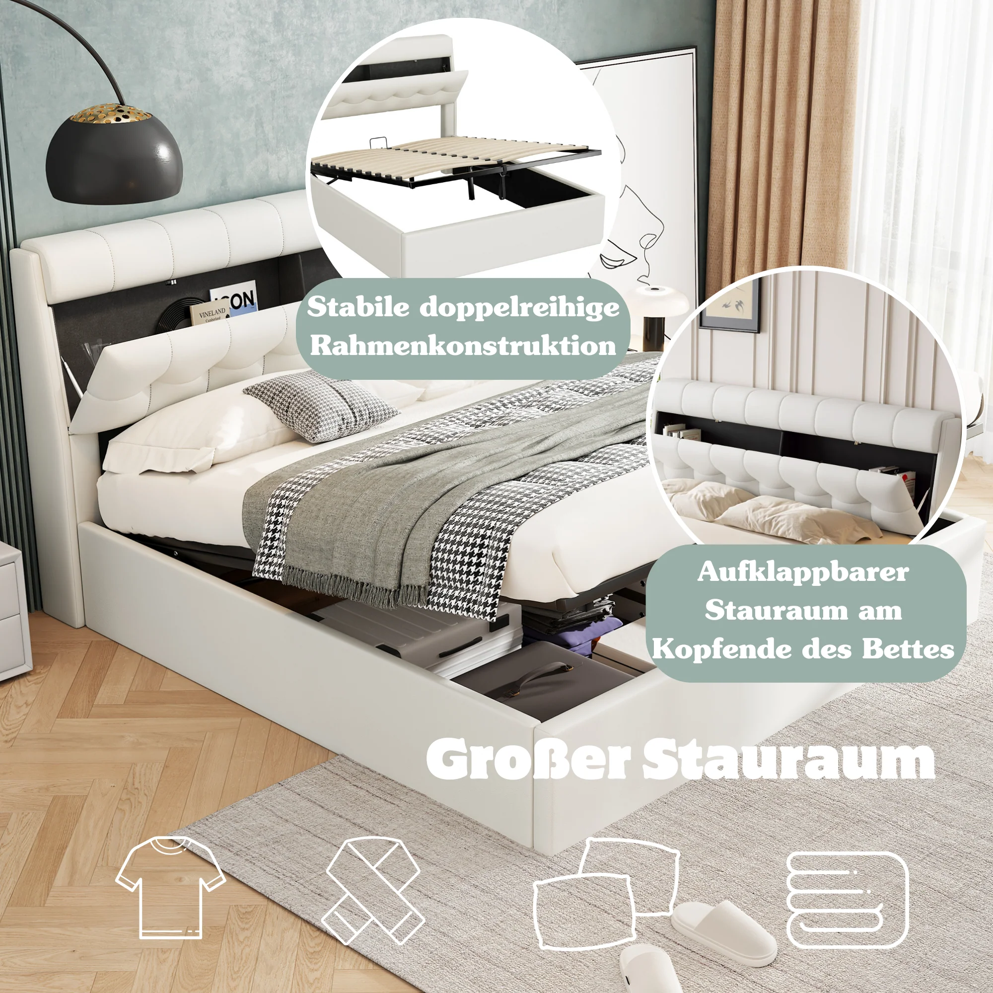 Stylish Upholstered Bed 140x200 Hydraulic Concealed Storage PU White - Image 5