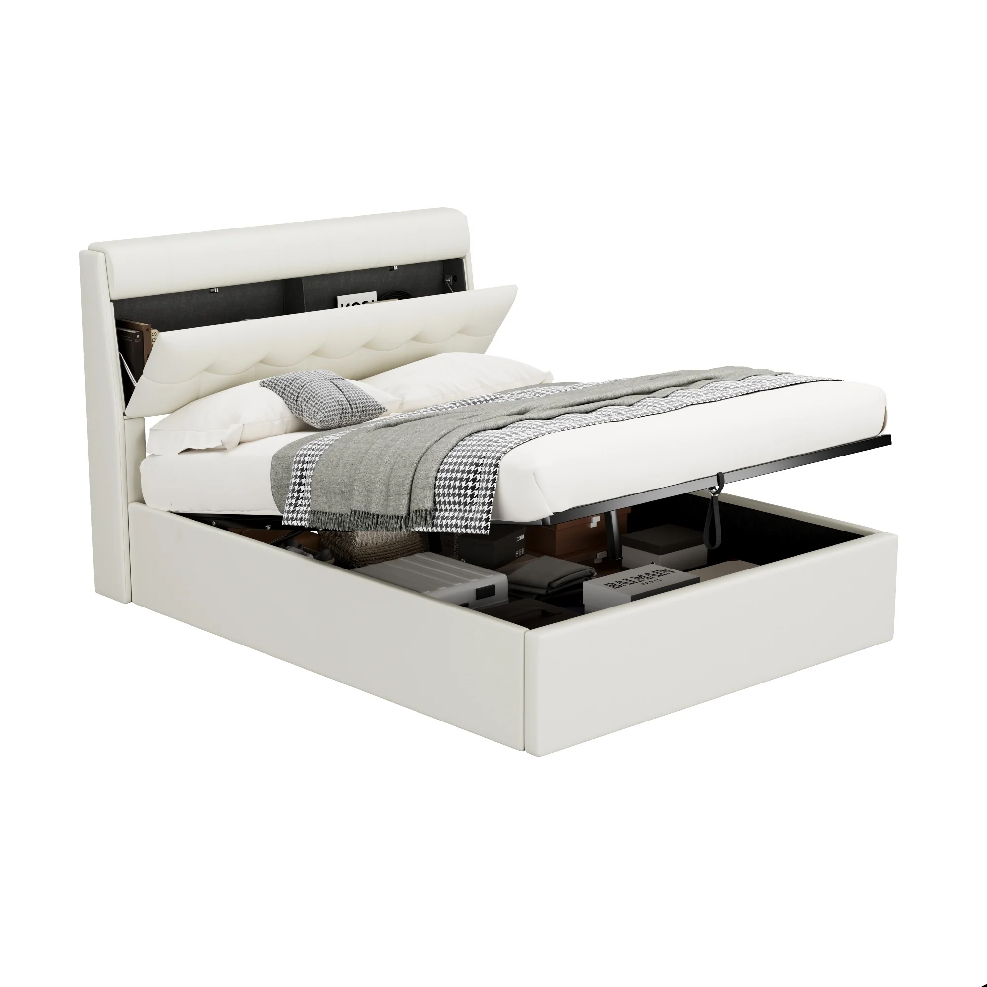 Stylish Upholstered Bed 140x200 Hydraulic Concealed Storage PU White - Image 7