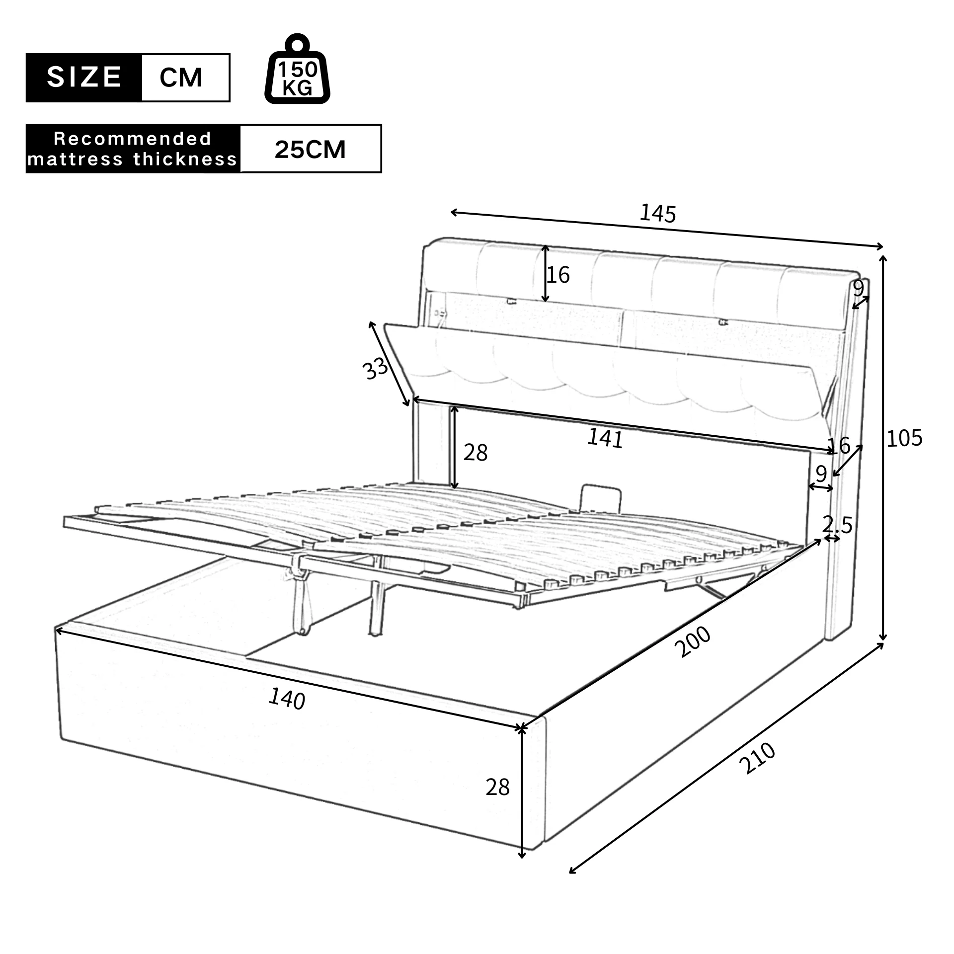 Stylish Upholstered Bed 140x200 Hydraulic Concealed Storage PU White - Image 8