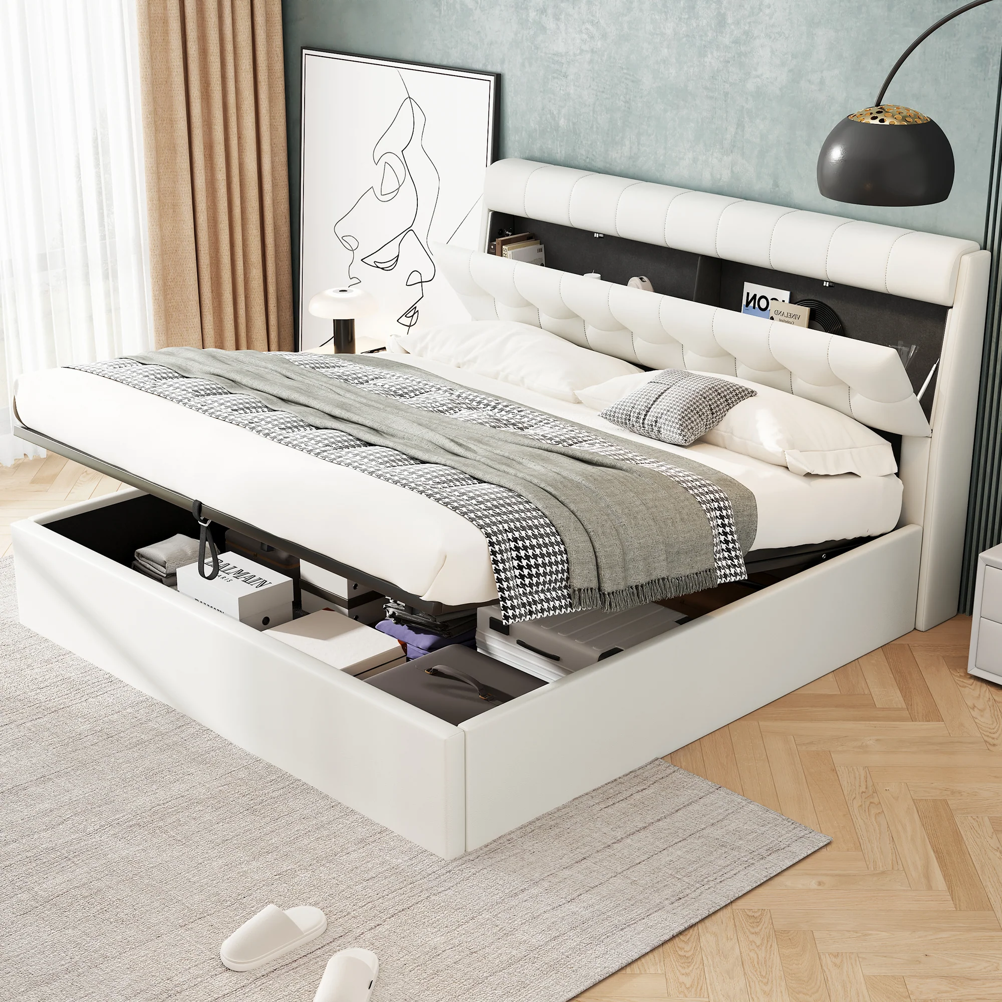 Upholstered Bed 140x190cm Hydraulic Storage Hidden Headboard Storage - PU White - Image 3