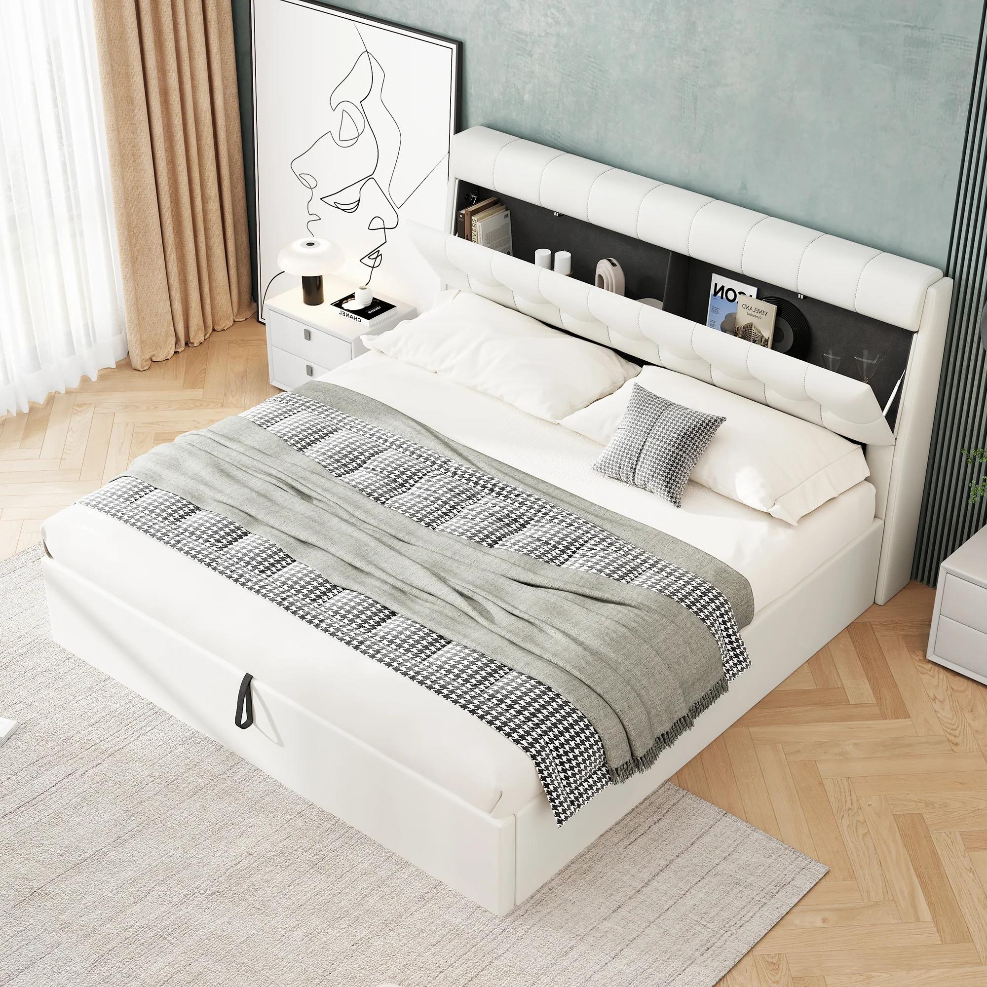 Upholstered Bed 140x190cm Hydraulic Storage Hidden Headboard Storage - PU White - Image 4