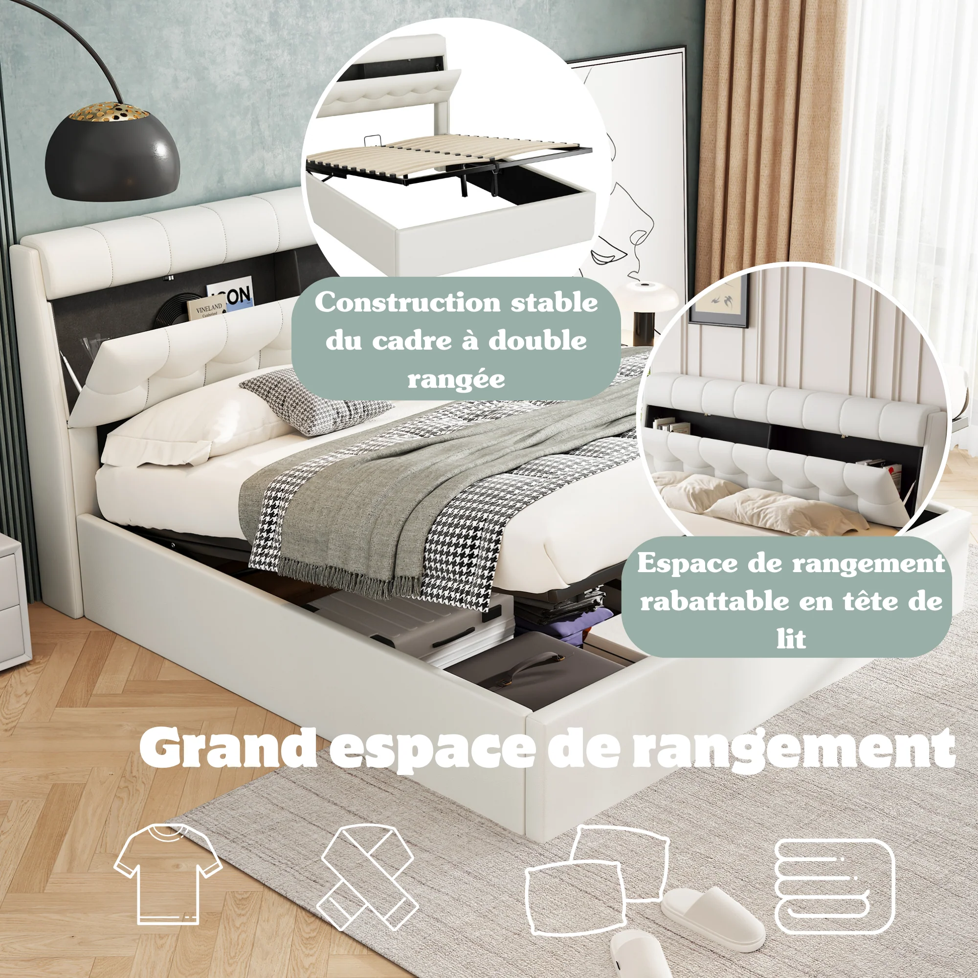 Upholstered Bed 140x190cm Hydraulic Storage Hidden Headboard Storage - PU White - Image 5