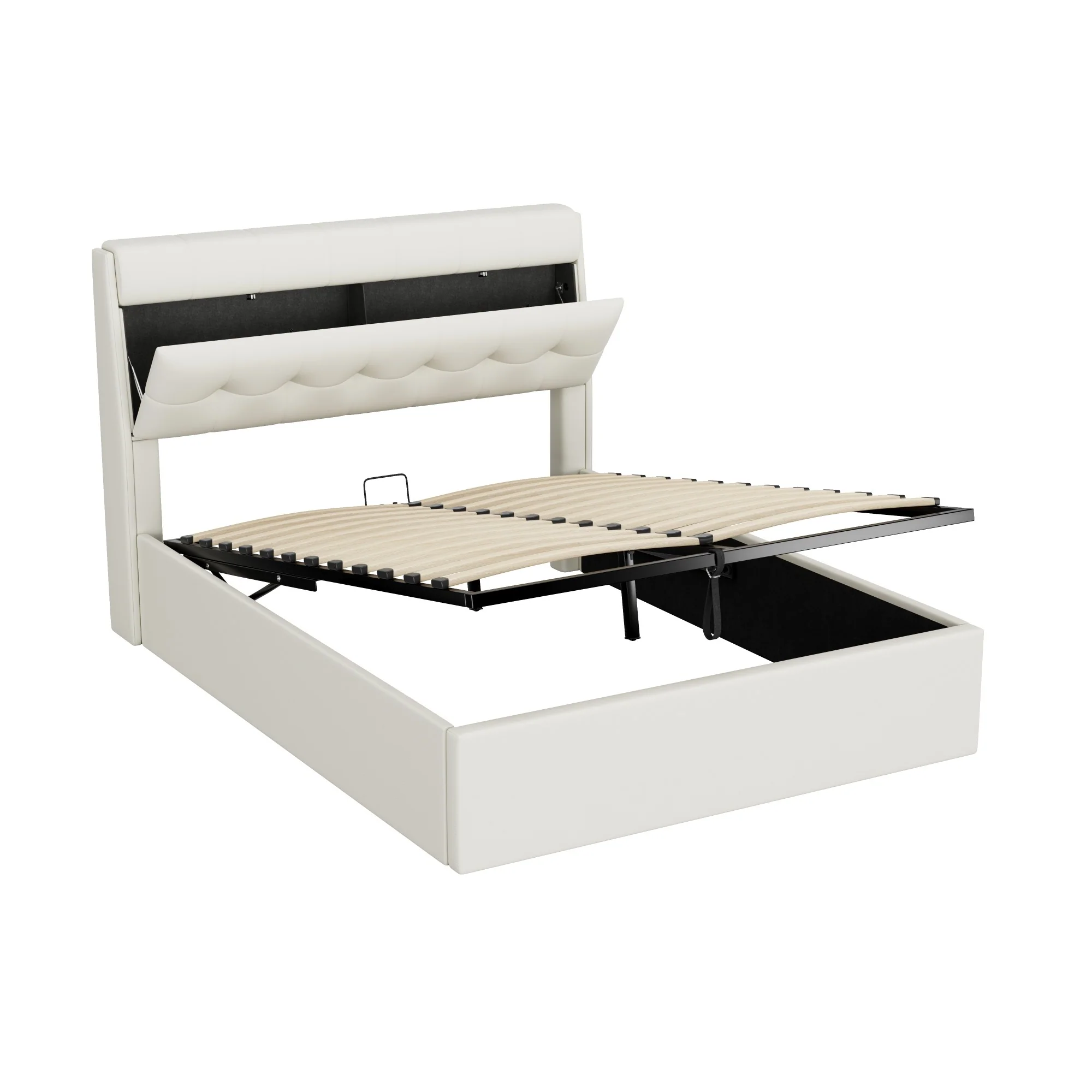 Upholstered Bed 140x190cm Hydraulic Storage Hidden Headboard Storage - PU White - Image 9