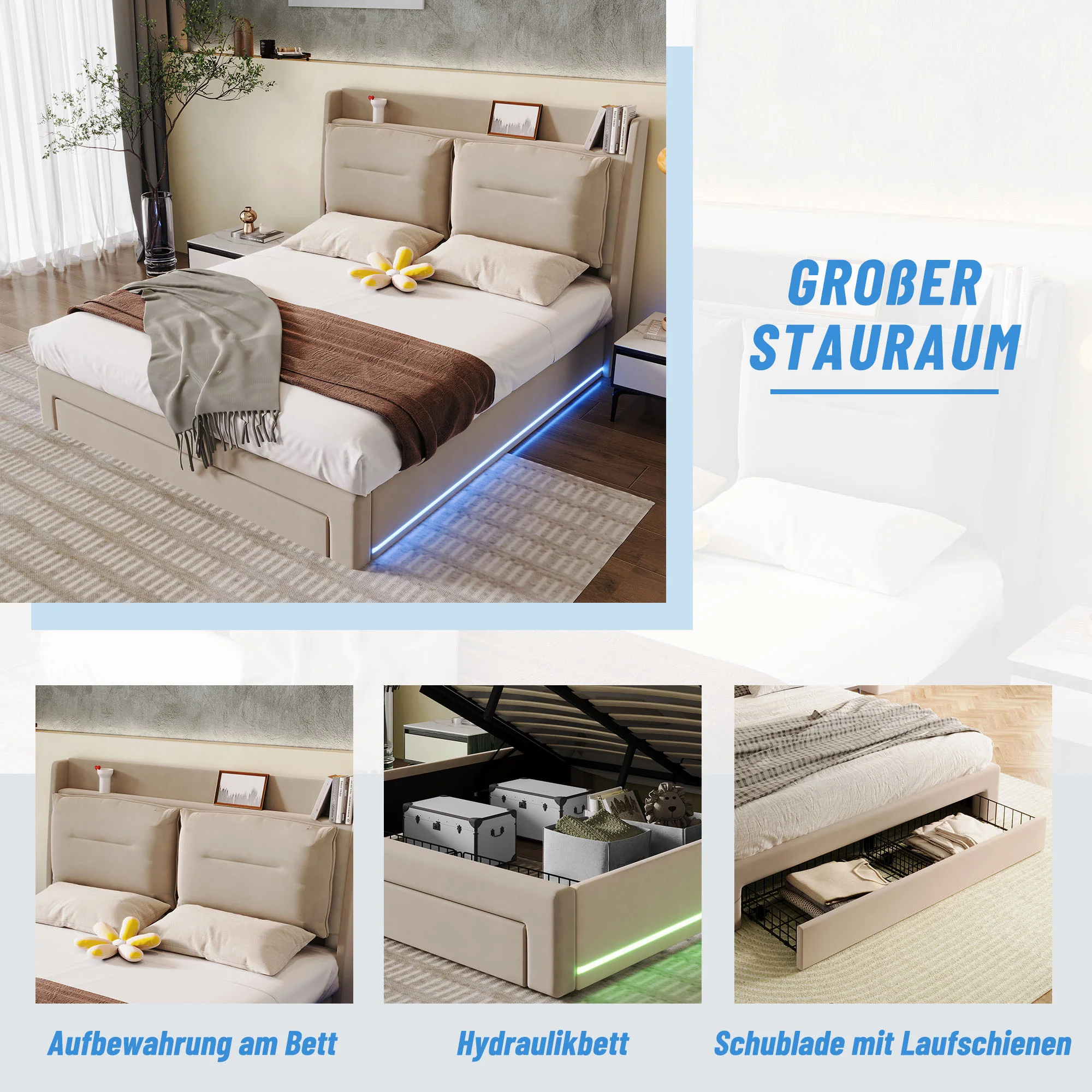 Upholstered Bed 180x200 Hydraulic Storage Drawers LED Light - Velvet Beige - Image 5