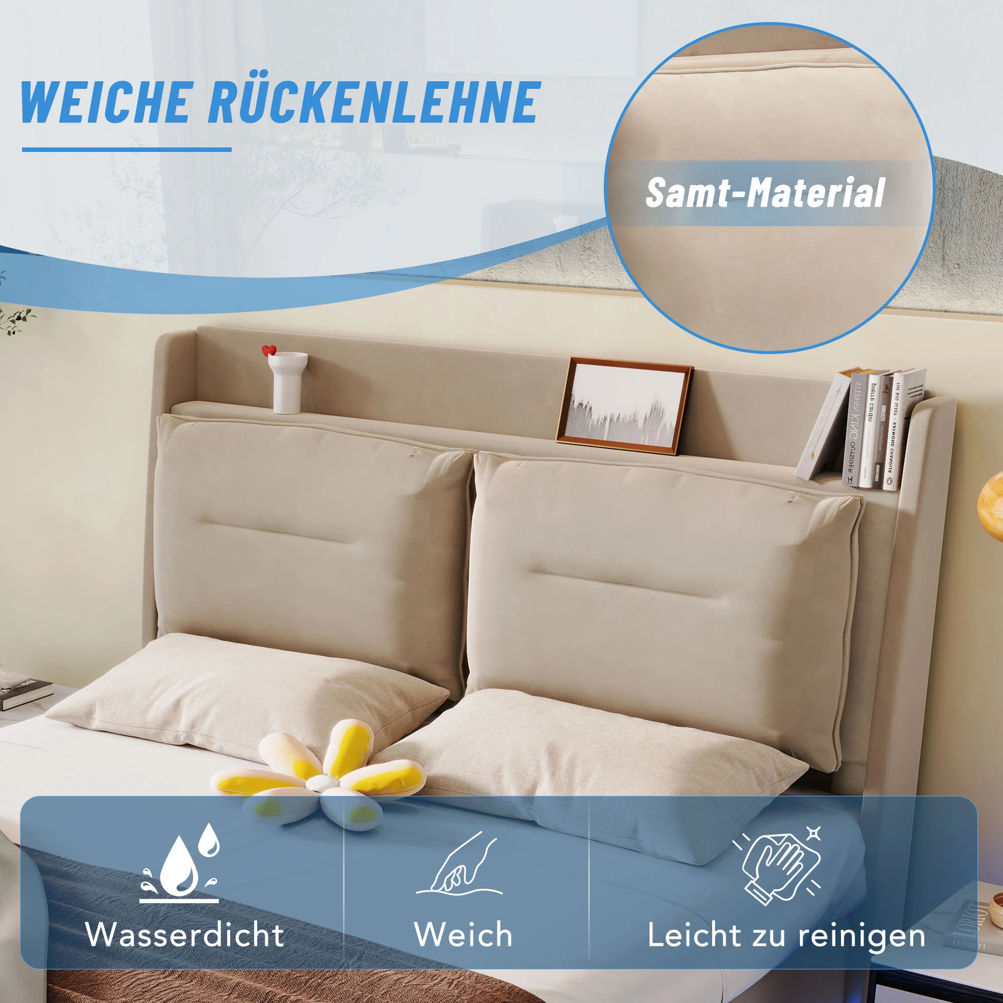 Upholstered Bed 180x200 Hydraulic Storage Drawers LED Light - Velvet Beige - Image 6